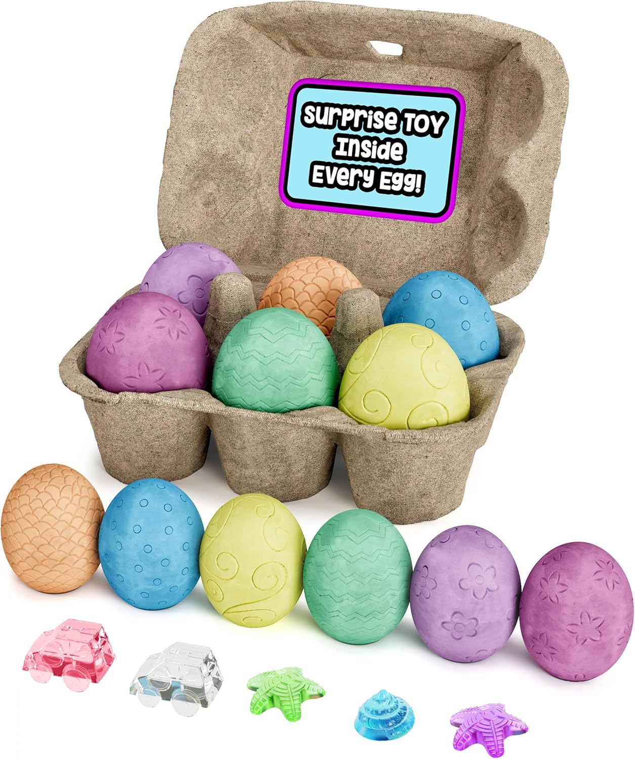 Loddie Doddie Sidewalk Chalk Eggs - 6-Pack, Flat-Bottom, Assorted Colors - Surprise Toys Inside - Ergonomic Oval Shape & Outdoor Chalk Shapes - Easy Wash Cleanup Outdoor Pack