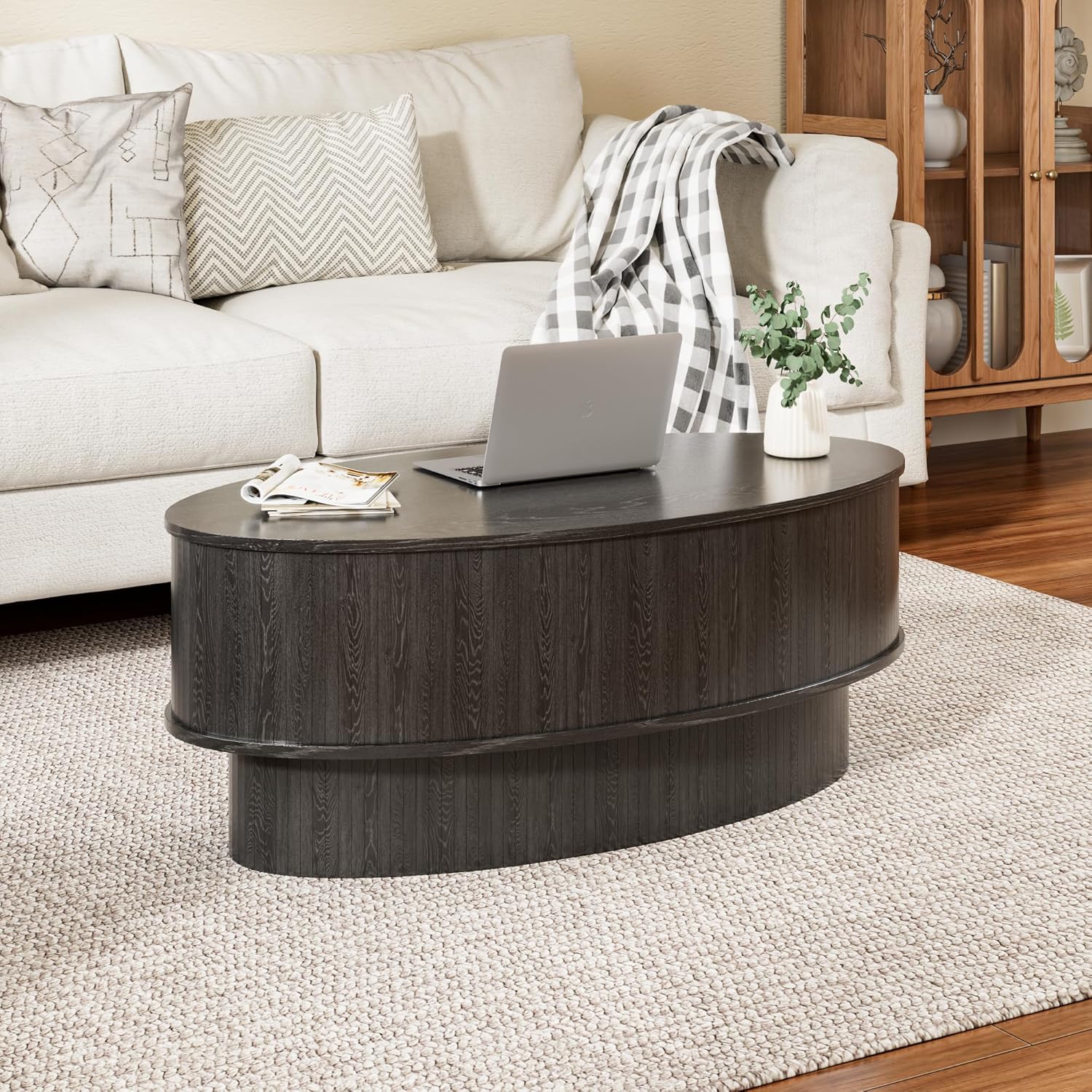Oval Lift Top Coffee Table with Hidden Storage, 41 Inch Small Coffee Table with Lifting Top for Living Room, Wooden Mid Century Modern Center Table for Home Office (Black)