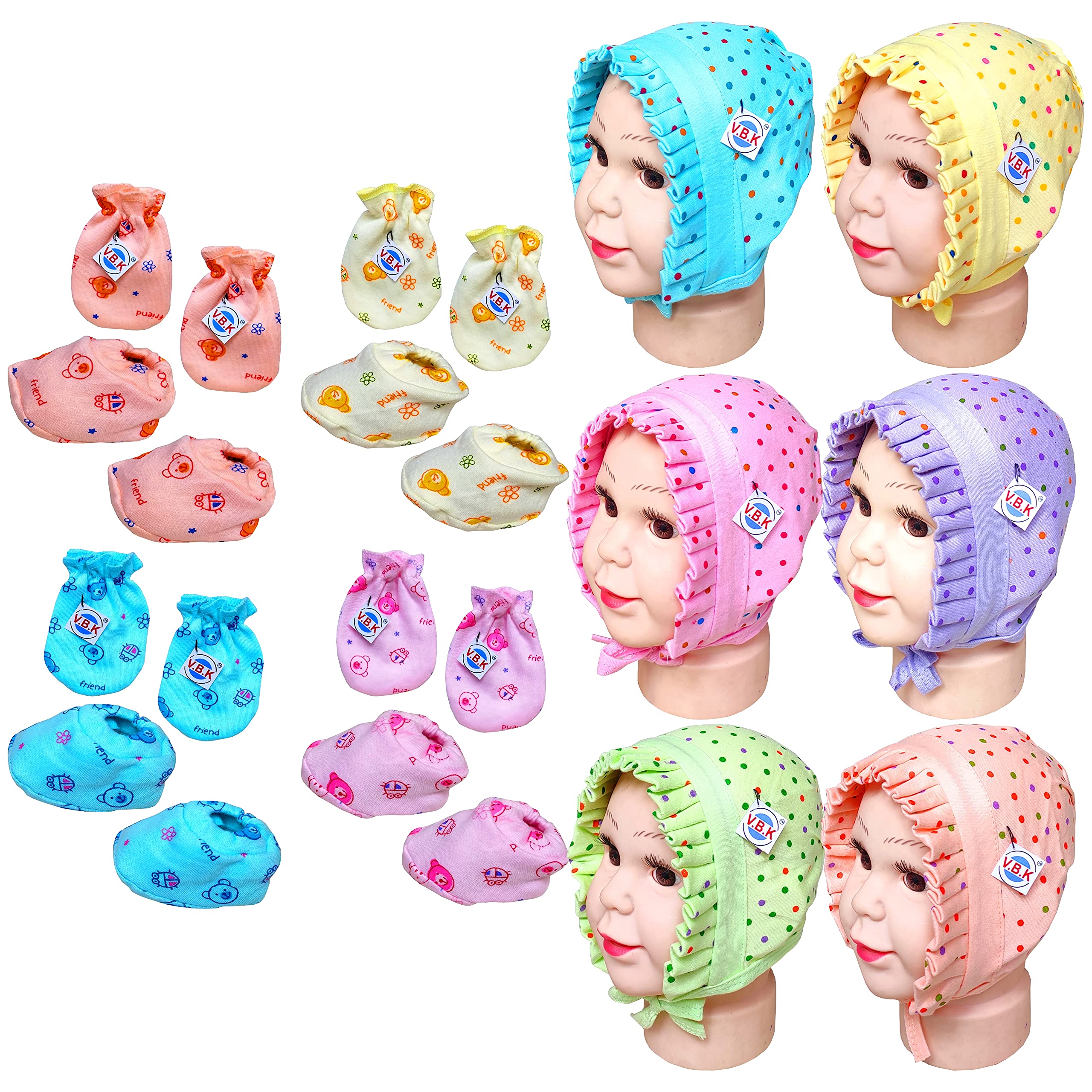 V.B.K® Newborn Baby Cotton Mitten Sets with Cap and Booties/Cap Set/Gloves Set/Newborn Socks Set/Newborn Mitten Set/Bootie Set. Pack of 4 Pair Of Mittens and Booties and 6 Piece Of Cap, 0 to 6 Months-image-35