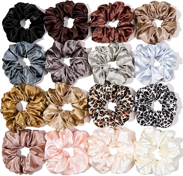 16 Scrunchies for Women - Satin Hair Ties and Bands, Big Ponytail Holders for Thick, Curly Hair, Cute No-Crease Pony Tai