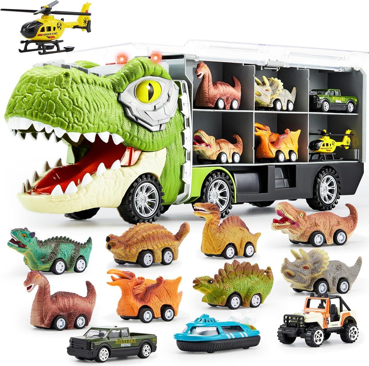 JOYIN 13 in 1 Dinosaur Toys for Kids 3-5, Transport Dinosaur Carrier Truck with 12 Pull Back Cars, Kids Toys 3-4, Birthday Gifts for 3 4 5+ Year Old Boys