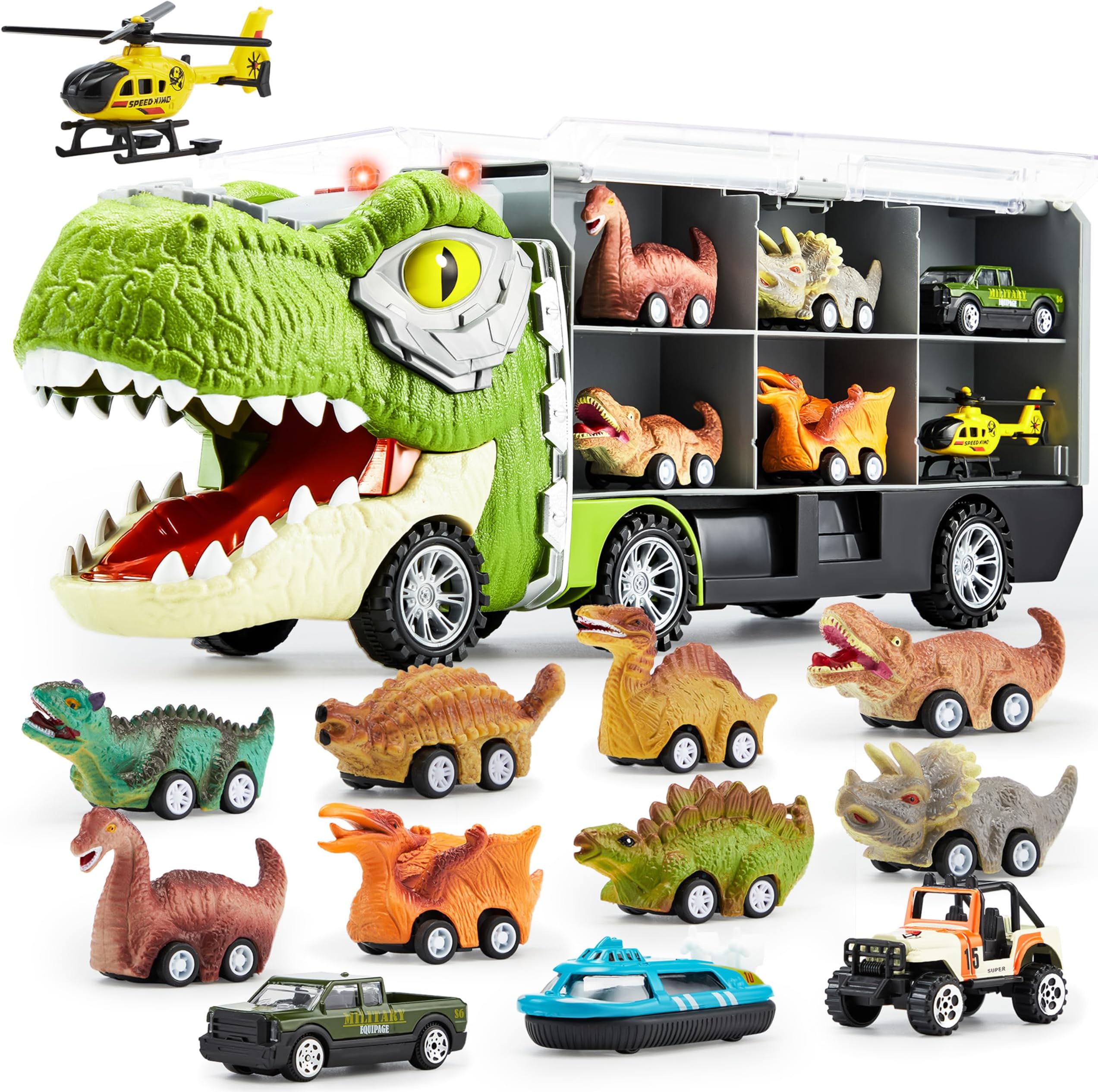 JOYIN Dinosaur Truck Toys for Kids Age 3-8, 12 Pull Back Car Vehicles, Transport Truck With Music, Roaring Sound, Flashing Lights, 1 Helicopter