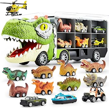 JOYIN 13 in 1 Dinosaur Toys for Kids 3-5, Transport Dinosaur Carrier Truck with 12 Pull Back Cars, Toddler Toys 3-4, Birthday Gifts for 3 4 5+ Year Old Boys