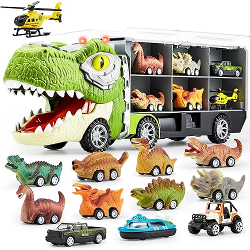 JOYIN 13 in 1 Dinosaur Toys for Kids 3-5, Transport Dinosaur Carrier Truck with 12 Pull Back Cars, Toddler Toys 3-4， Birthday Gifts for 3 4 5+ Year Old Boys