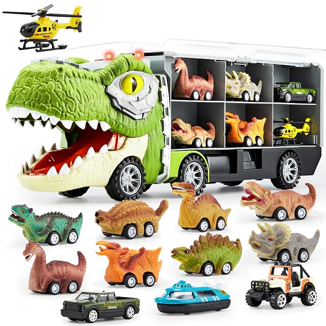 JOYIN 13 Piezas transportador de Autos Dinosaurios para niños, con 12 vehículos Dinosaurios retráctiles, 1 camión Transporte Dinosaurios Juguete con música, Sonido, Luces, 1 helicóptero