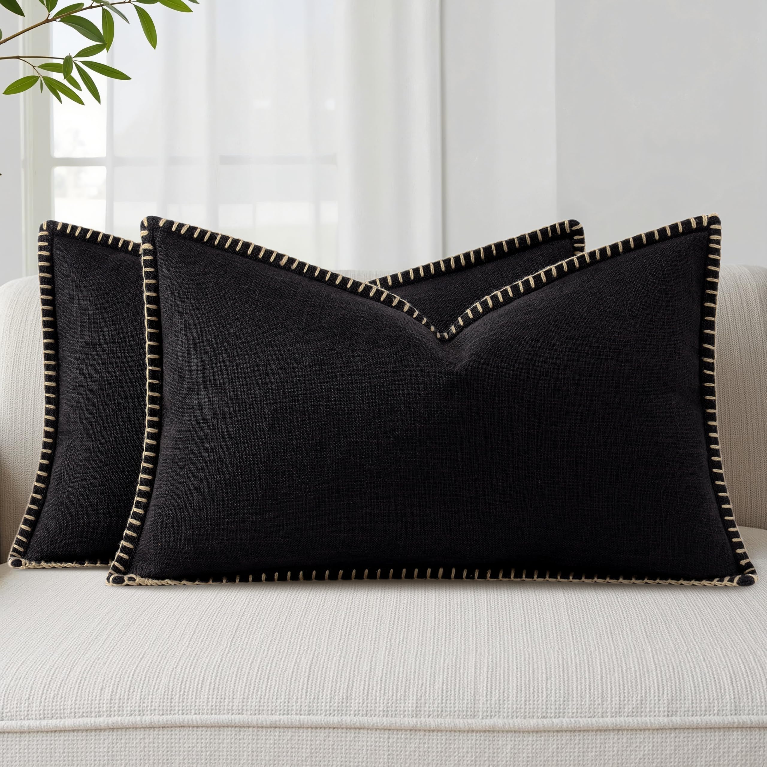 Housse de coussin en lin noir decorUhome 30x50 cm pour canapé rustique