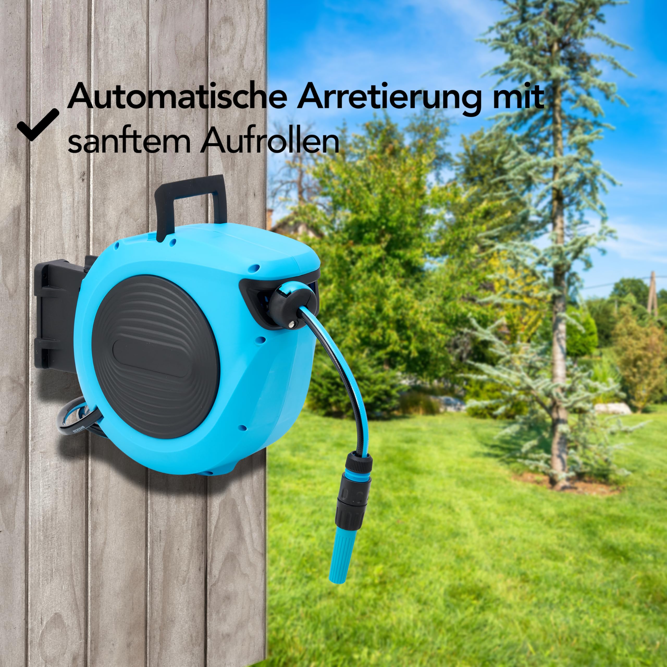 Brixy Schlauchbox – 20 Meter – Schlauchhalter – Gartenschlauch mit Aufroller – 180° drehbar – automatisch – Schlauchaufroller