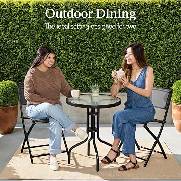Best Choice Products 3-Piece Patio Bistro Dining Furniture Set w/Glass Tabletop, 2 Folding Chairs, Steel Frame, Polyester Fabric - Gray