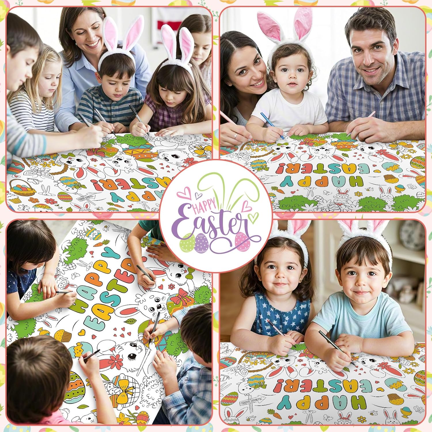 Giant Easter Coloring Poster - Large Happy Easter Coloring Tablecloth Cover, Jumbo Cute Bunny Paper Colorable Table Cloth Banner for Easters Gifts Activities Game Party Decorations Props, 31 x 72Inch Easter 1 Pcs