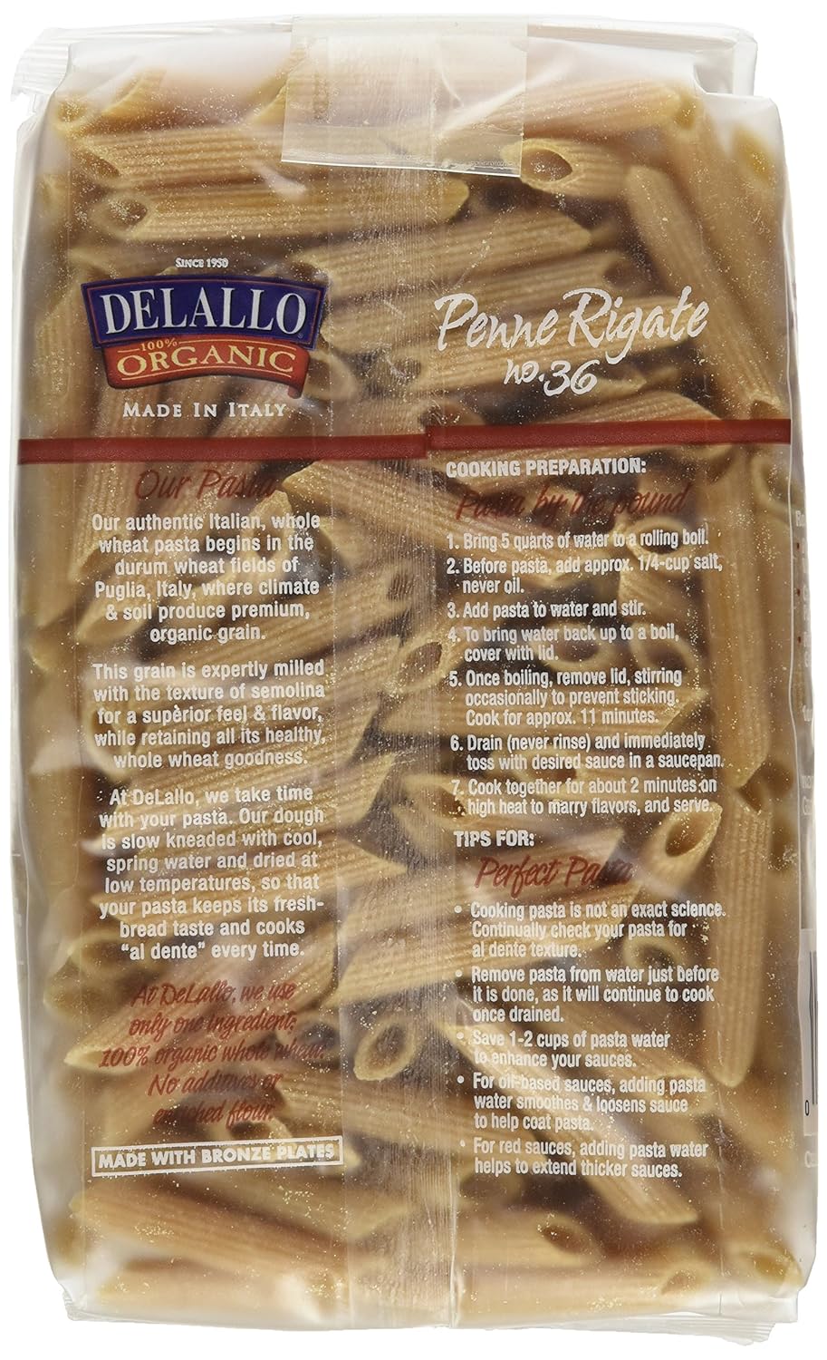 DeLallo Organic Whole Wheat Penne Rigate #36,1 Pound (Pack of 16)