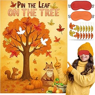 Pin the Leaf On the Tree Game Poster with 24 Pcs Maple Leaves Stickers Fun Fall Thanksgiving Pumpkin Harvest Seasonal Holiday Party Activity Decorations Supplies for Halloween Autumn Festival Birthday