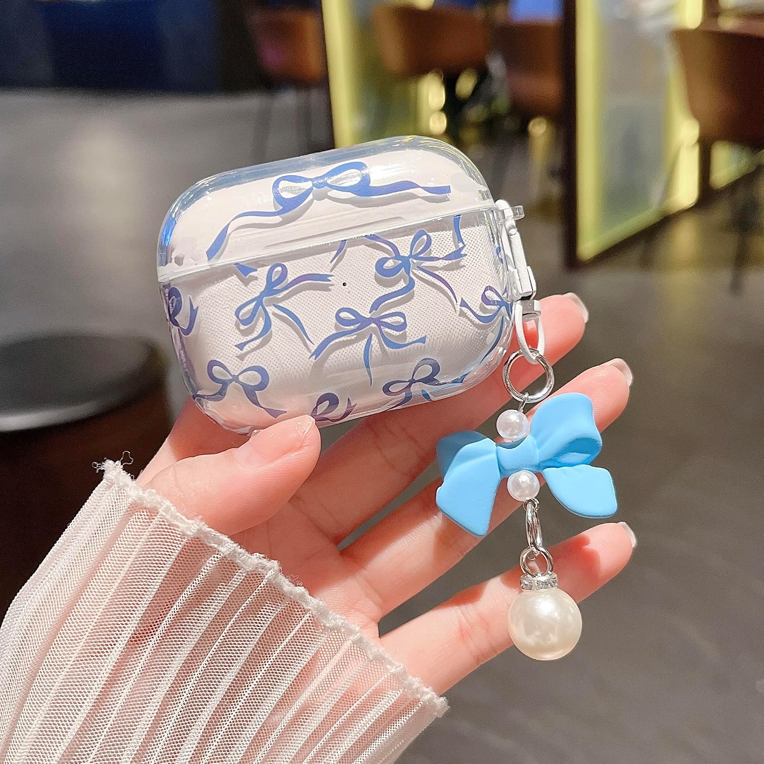 MINSCOSE for AirPods Pro 2nd/1st Generation Clear Case,Cute Ribbon Bow Pettern Design with Lovely Bow Pearl Keychain,Soft TPU Protective Shockproof Case for Airpods Pro/Pro 2-Dark Blue image 3