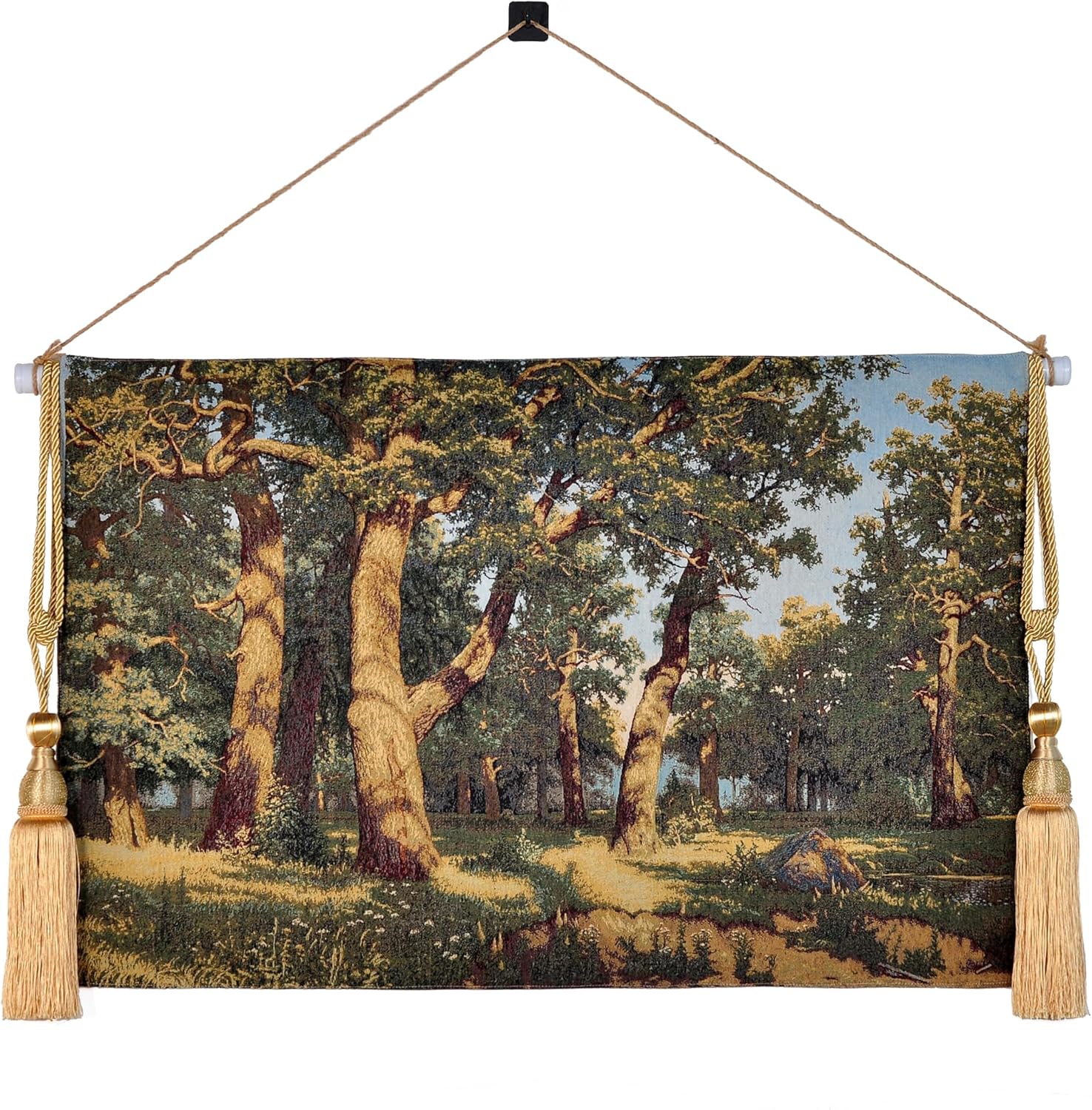 AureoMadis Vintage Nature Tree Forest Tapestry Wall Hanging – Enchanted Oak Canopy Aesthetic, Green Jacquard Woven Art with Telescopic Rod & Tassels, 42"x27" Decor for Bedroom/Living Room