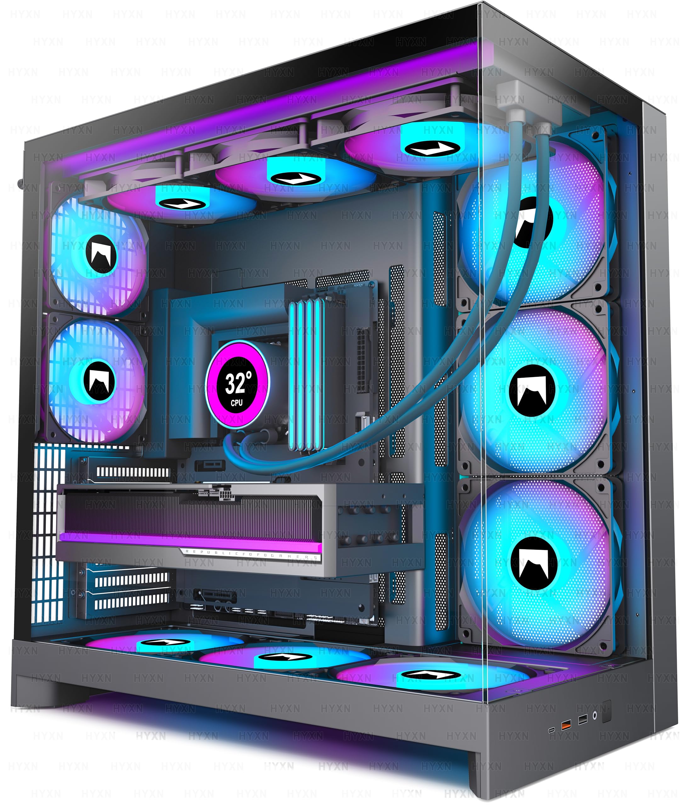 H2(2026)HYXN PC Gehäuse ATX mit 8 PWM ARGB Lüfter(6X140 und 2X120)Groß Dual Kammer Mid-Tower Computer Gehäuse Airflow Gaming PC-Gehäuse,Unterstützt 420mm-Wasserkühler,Gaming Gehäuse (RGB-Schwarz, H2)