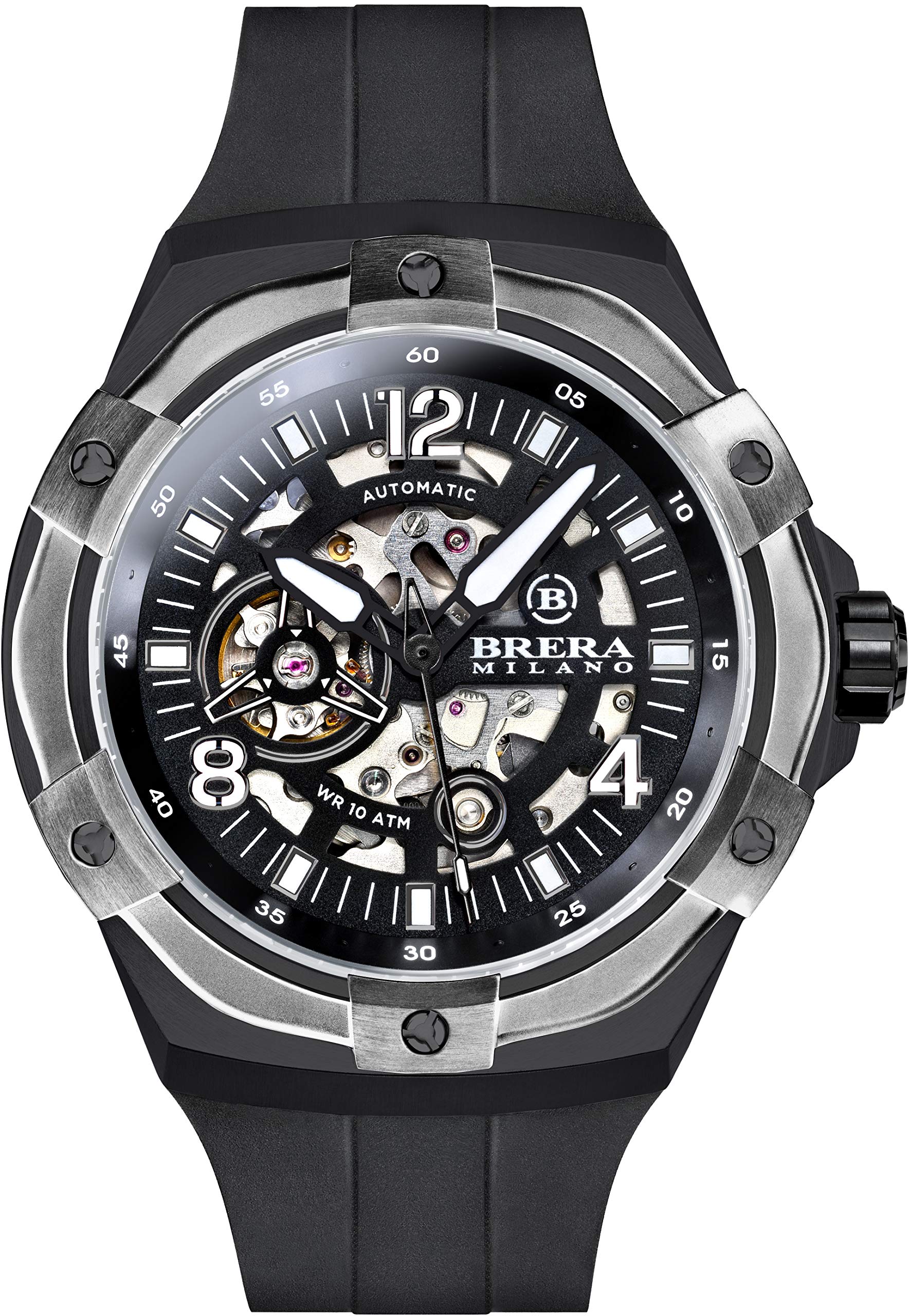 B BRERA MILANOBrera Milano Men's Watch Supersport Evo 45Mm Automatic Time Only - Black Steel Case and Dial With Steel Bezel, Natural Rubber Strap, Deployant