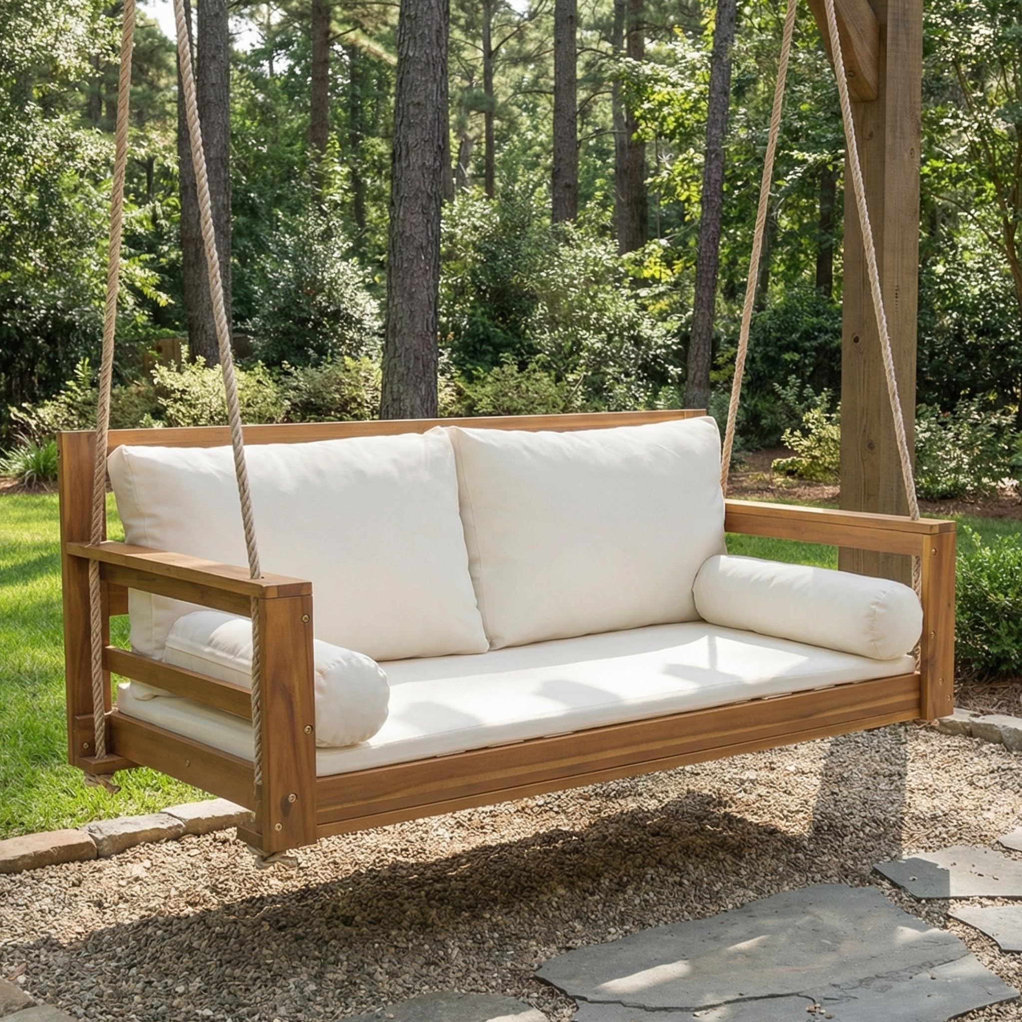 Columpio de jardín de 2 plazas de madera de acacia, columpio de jardín con cojín y 2 cuerdas para colgar, asiento doble para jardín, terraza y balcón, columpio de madera para exteriores (beige)