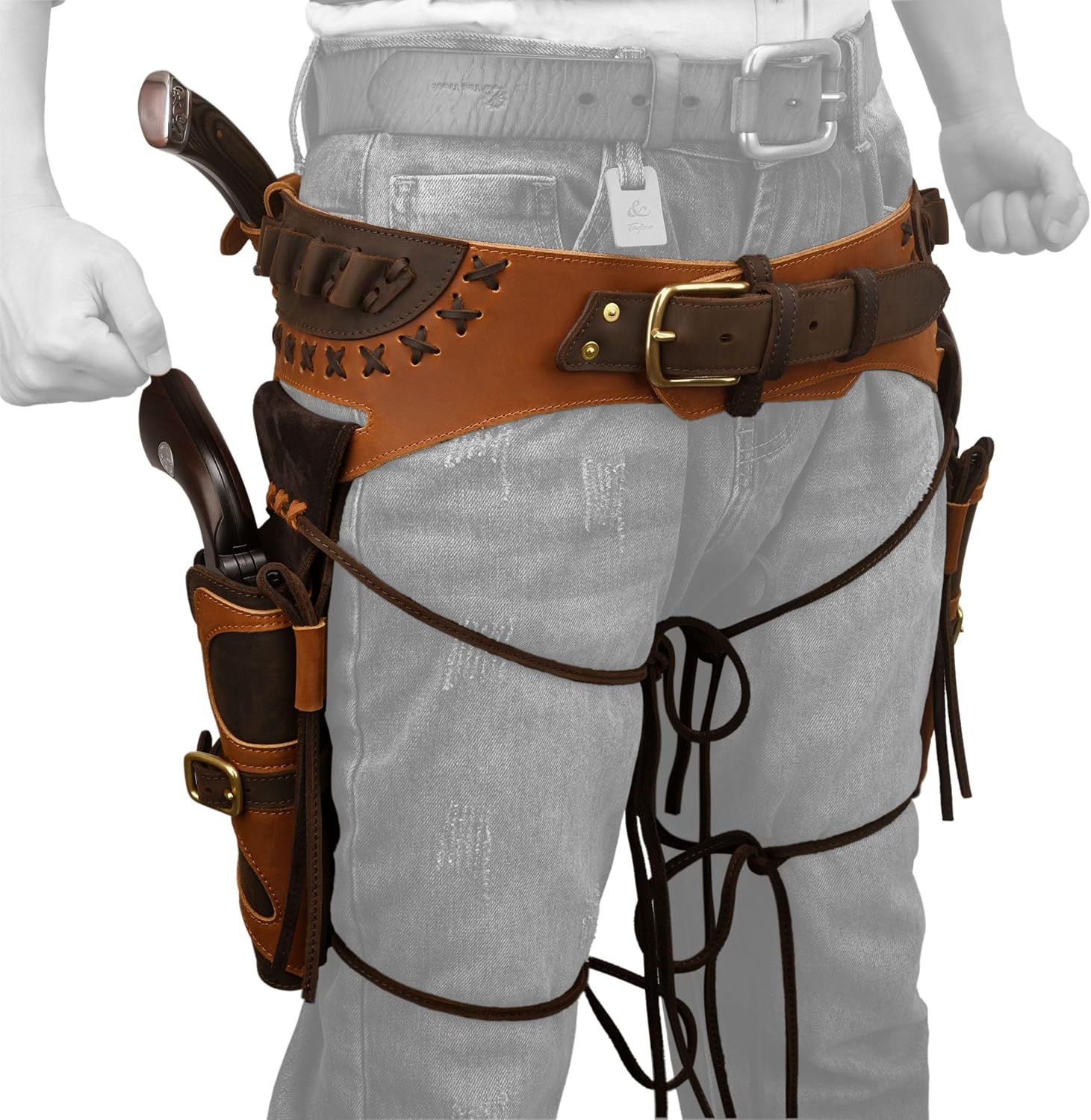 WAYNE'S DOG Western Gun Belt Holster and Dual Hand Leather Revolver Combo Set fit .45-70/.40/.44 Colt, Cowboy Costume