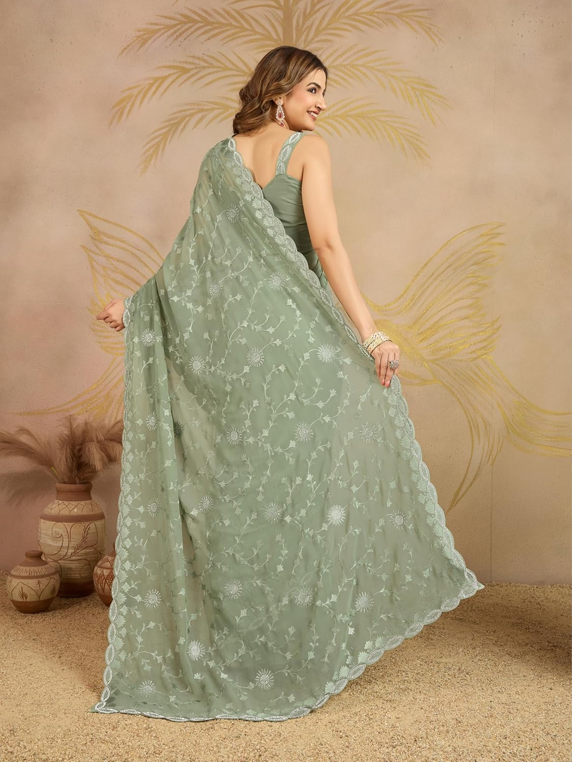 TRENDMALLS Women's Geogette Embroidery Zarkan Work Saree with Unstitched Blouse Piece (K1238-LightGreen)