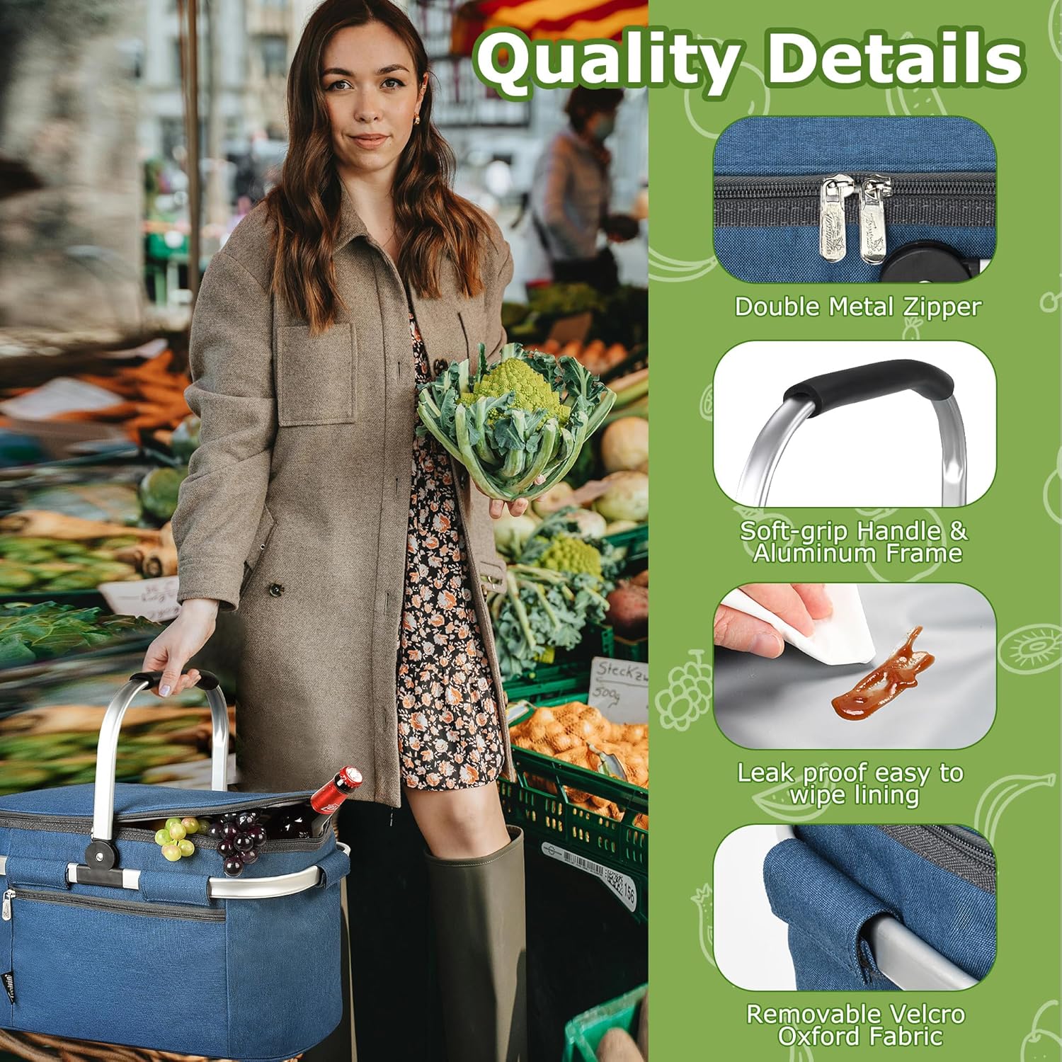 Tirrinia Large Insulated Picnic Basket, 34L Water Resistant & Leakproof Collapsible Portable Cooler Basket Set with Aluminium Handle for Travel, Shopping, Camping,Foldable Grocery Bag, Blue