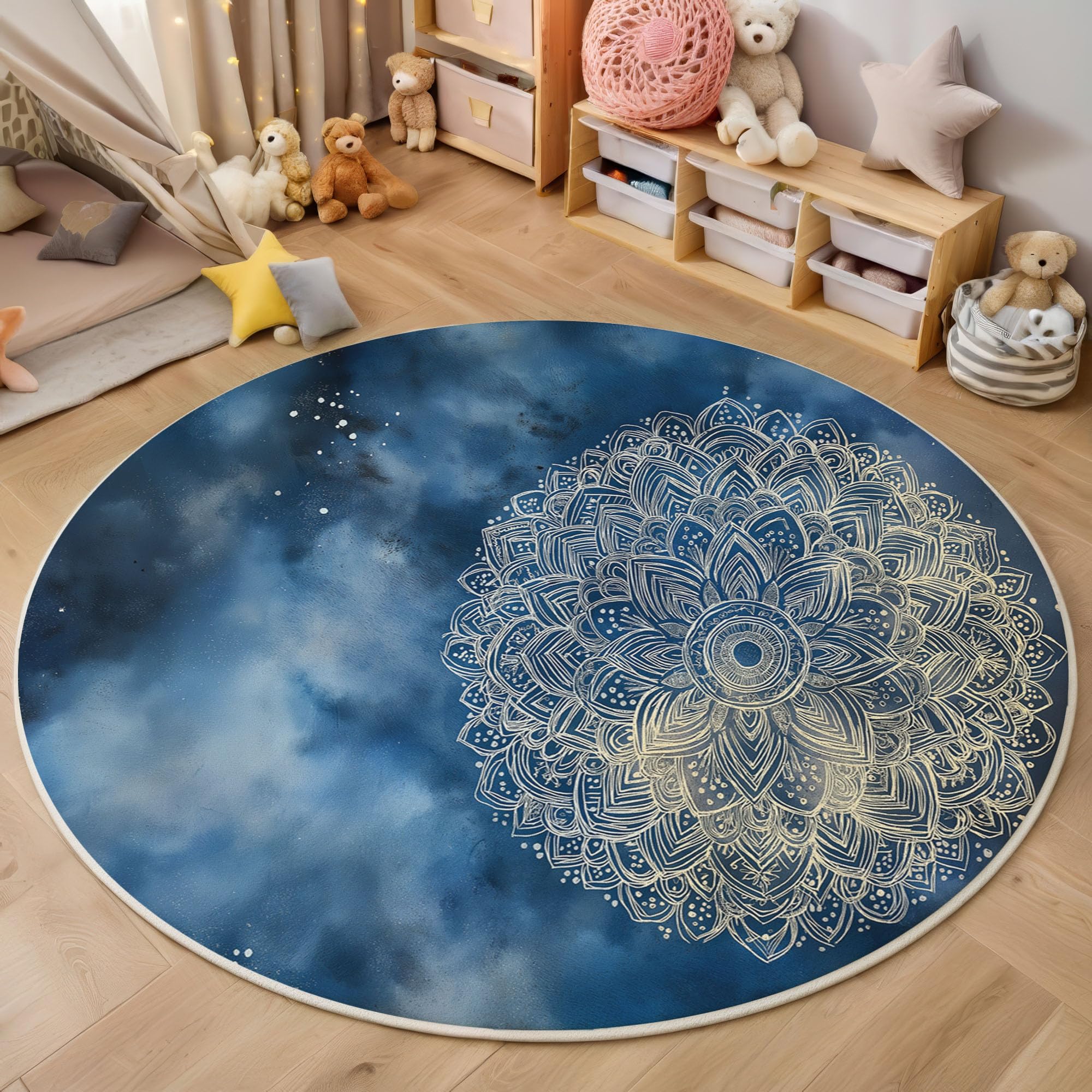 Tappeto Rotondo Salotto Tema Di Meditazione Tappetini Antiscivolo Tappeto Mandala Del Cielo Stellato Tappetini Pelo Corto per Bambini Cameretta Cucina Casa Zona Balcone Tavolino, 140 cm, Blu Scuro