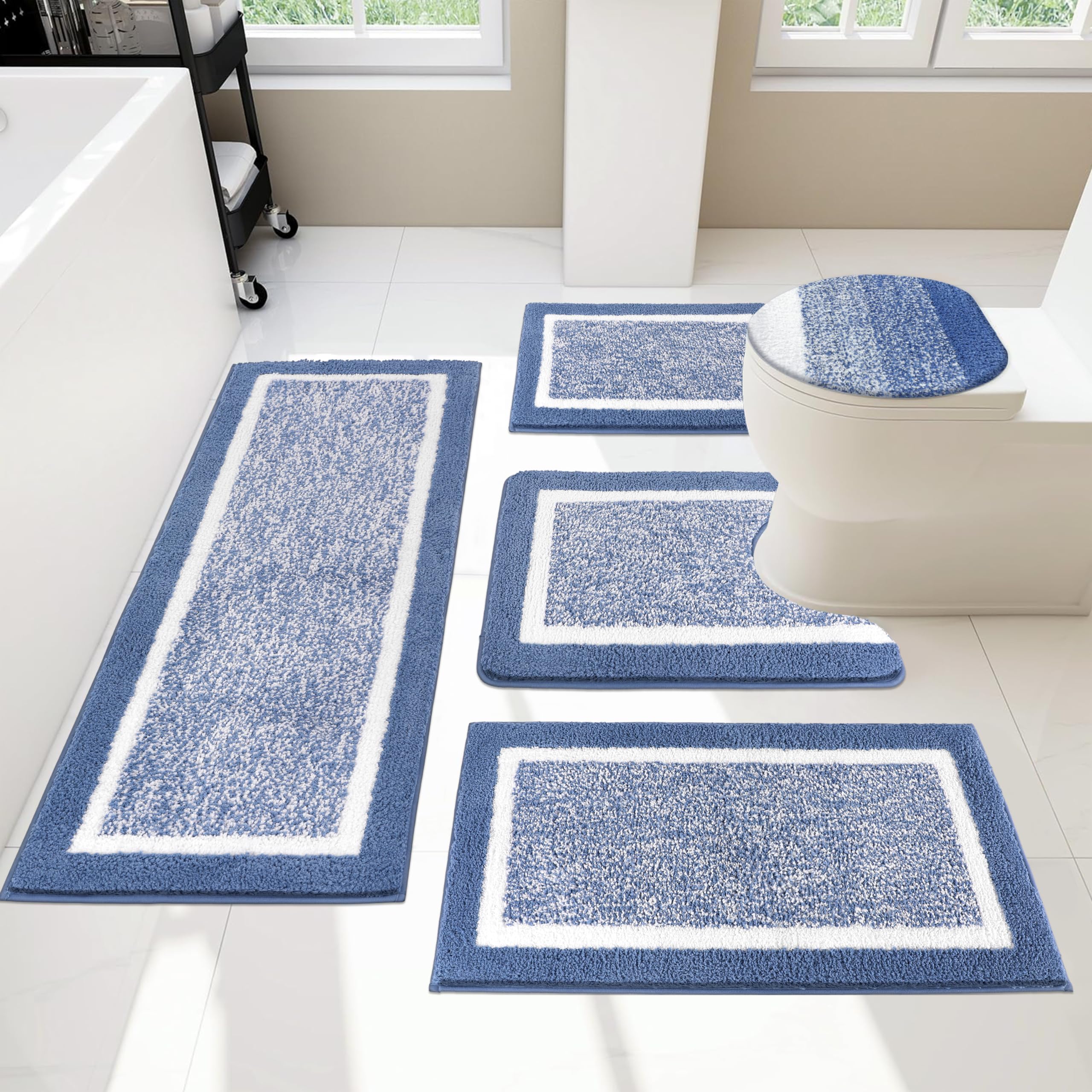 Pauwer Bathroom Rugs Set 5 Piece, Plush Absorbent Microfiber Bath Mats for Bathroom, Non Slip Washable Bath Rug Set with U Shaped Contour Toilet Rugs, Shower Rug and Toilet Lid Cover, BlueOEKO-TEX STANDARD 100