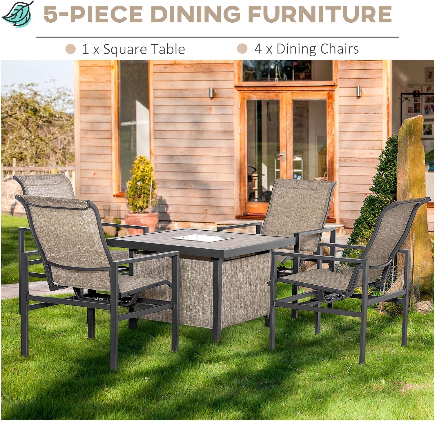 Patio Rocking Chair Set with Dining Table and Built-in Ice Bucket for Outdoor Entertaining