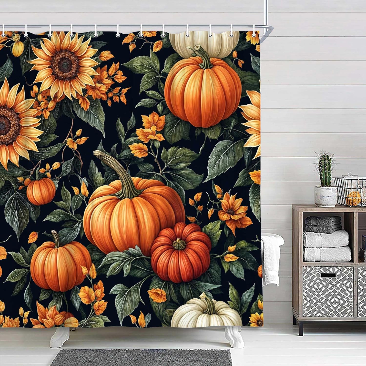 DYNH Fall Pumpkin Floral Shower Curtain, Autumn Thanksgiving Harvest Orange Yellow White Pumpkins with Floral Sunflower Fabric Shower Curtains Set for Bathroom, Fall Bath Curtain with Hooks,72x78IN