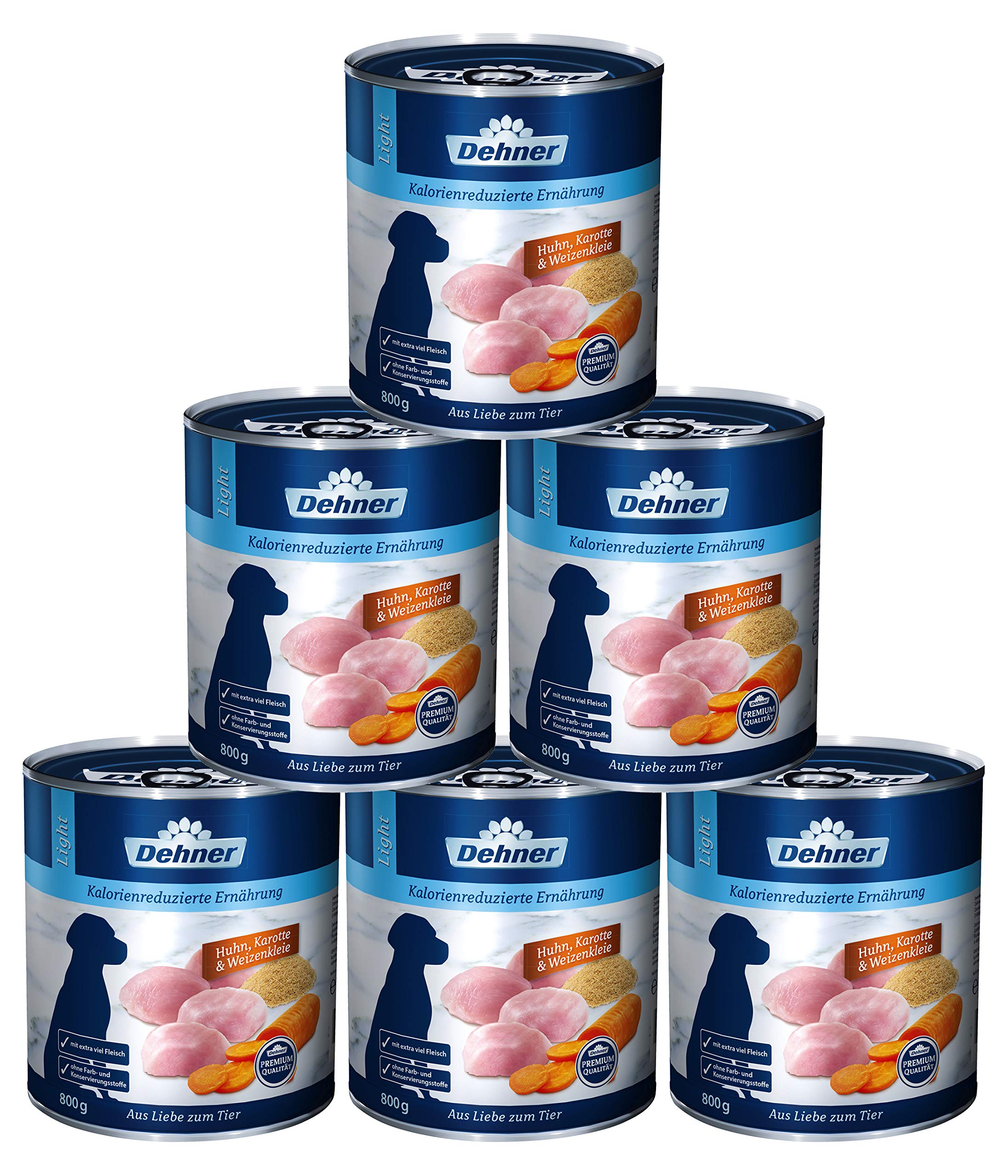 Dehner Premium Hundefutter Light, Nassfutter fettreduziert, für übergewichtige Hunde, Huhn / Karotte, 6 x 800 g Dose (4.8 kg)