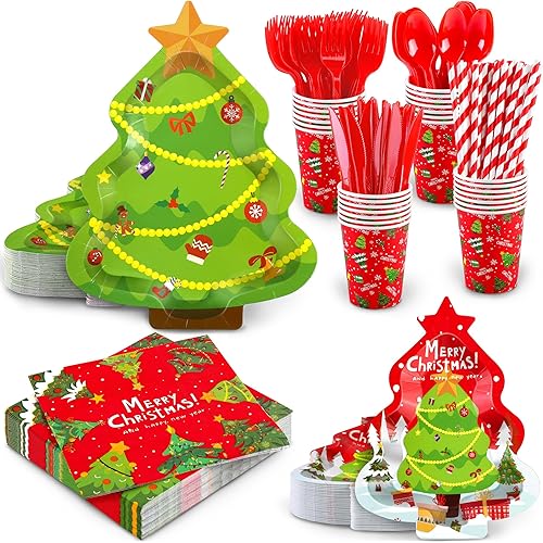 durony 200 Pieces Christmas Party Supplies Tableware Set Includes Christmas Tree Dinner Paper Plates Paper Cups Holiday Napkins Straws and Cutlery Serve 25 for Christmas Decorations Dinner Supplies