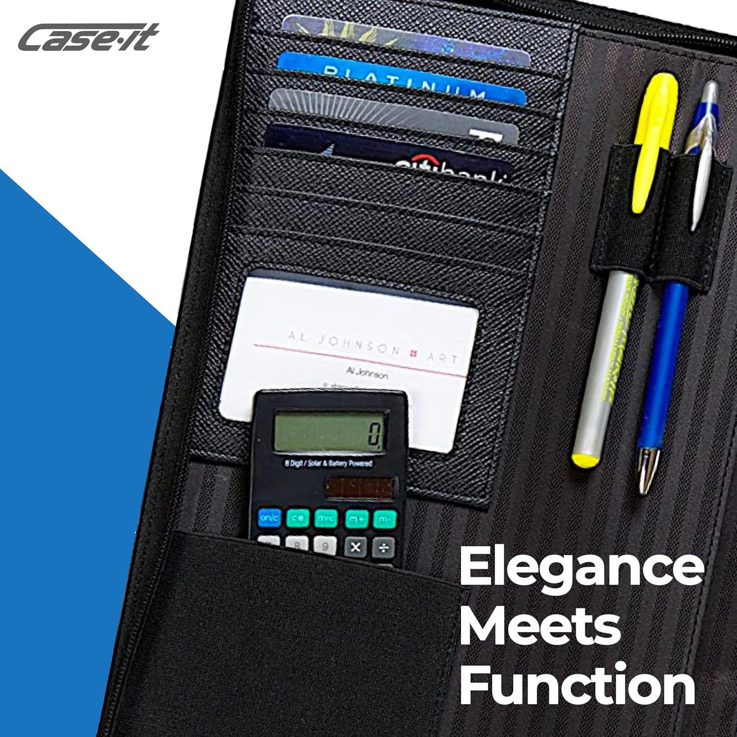 Case-it Executive Zipper Padfolio with Removable 3-Ring Binder and Letter Size Writing Pad, Pebbled Faux Leather Black (PAD-40)