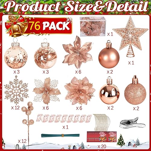 Miniatura 6 de Juego de 76 piezas de decoración para árbol de Navidad, adornos colgantes de oro rosa con bolas de plástico inastillables a granel, flores de pascua