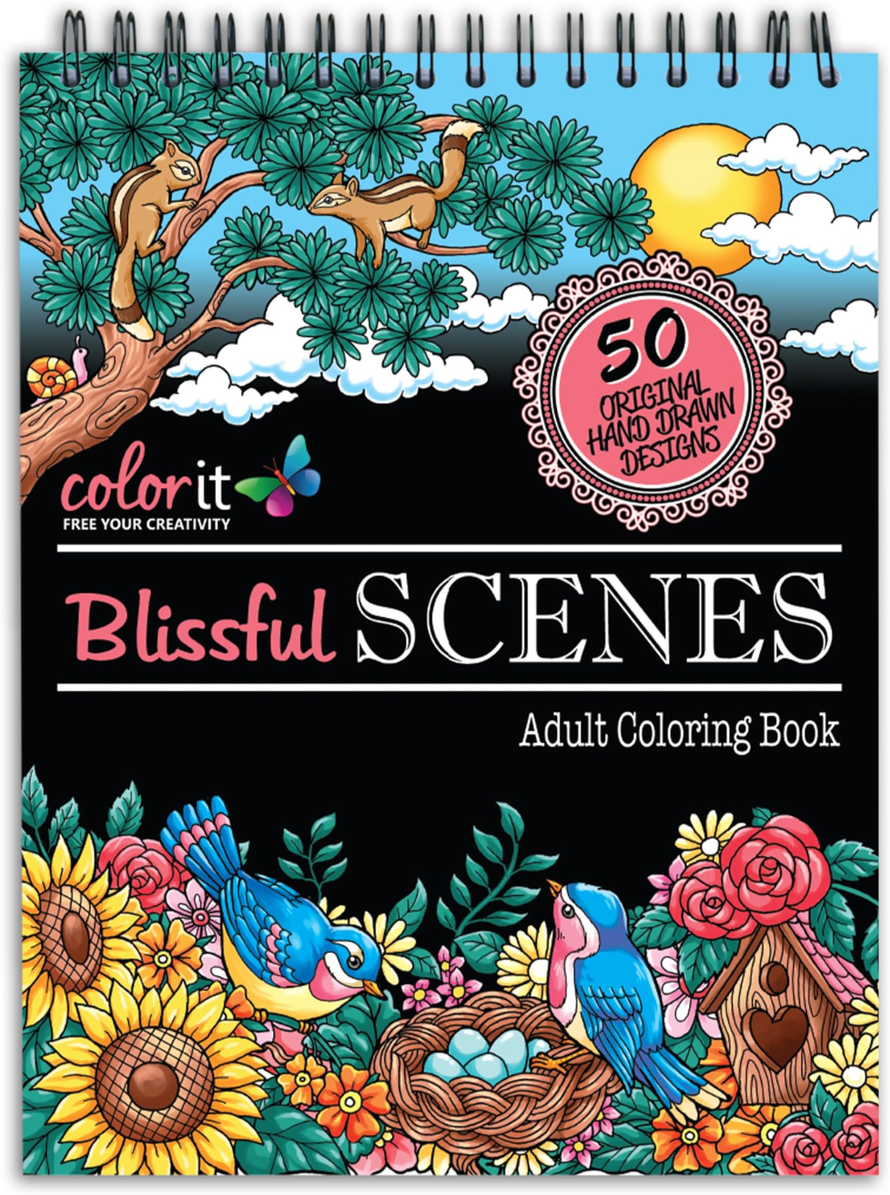 Blissful Scenes Adult Coloring Book - Features 50 Original Hand Drawn Designs Printed on Artist Quality Paper, Hardback Covers, Spiral Binding, Perforated Pages, Bonus Blotter