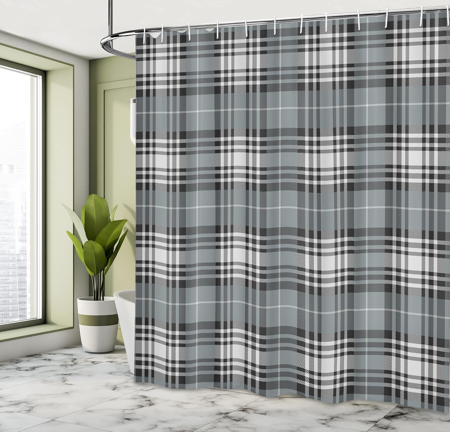 Ambesonne Checkered Shower Curtain, Old Fashioned Plaid Tartan in Dark Colors Classic English Tile Symmetrical, Cloth Fabric Bathroom Decor Set with Hooks, 69" W x 70" L, Grey Black