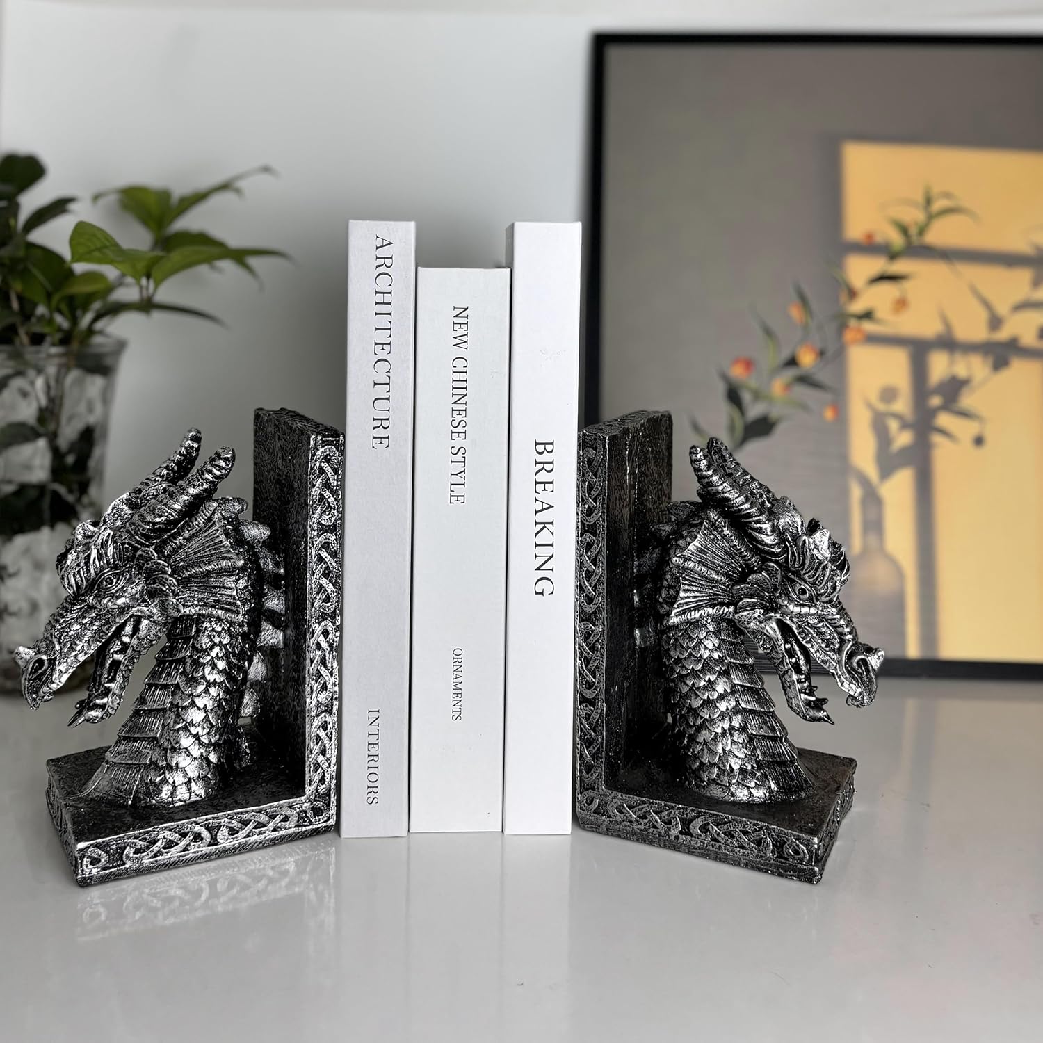 Book Ends for Shelves to Hold Books Heavy Duty,Decorative Bookend for Bookshelf Décor, Animal Dragon Book Stopper Dragon Statues for Home, Office Desk, Living Room Decoration,Vintage Silver,1pair - Image 5