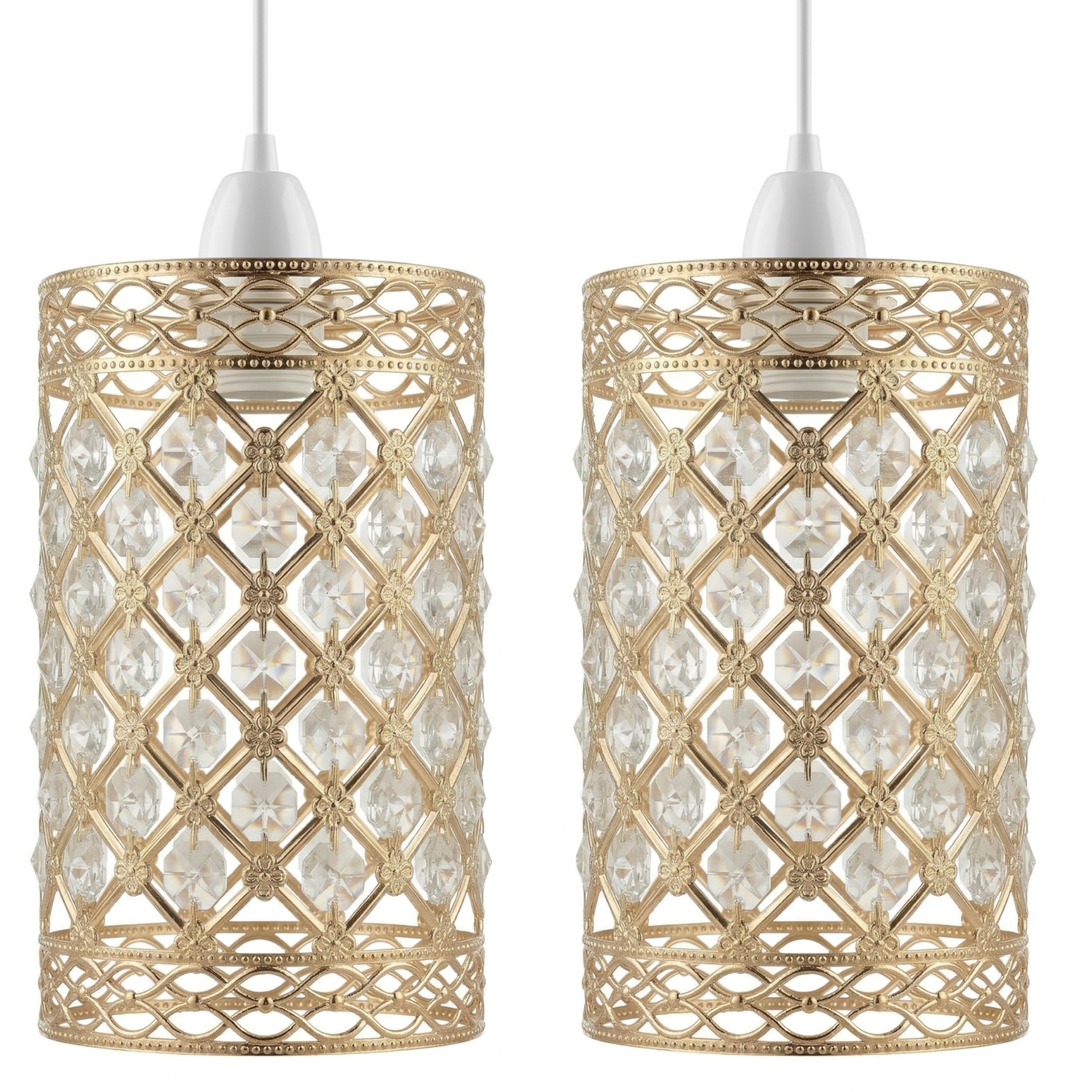 2 Pack Modern French Gold Crystal Pendant Light Shade, Jewels Modern Easy Fit Ceiling Light Shade with Diameter 10 cm - Height 19 cm Lamp Shades for Bedroom Kitchen Living Room Dining Room