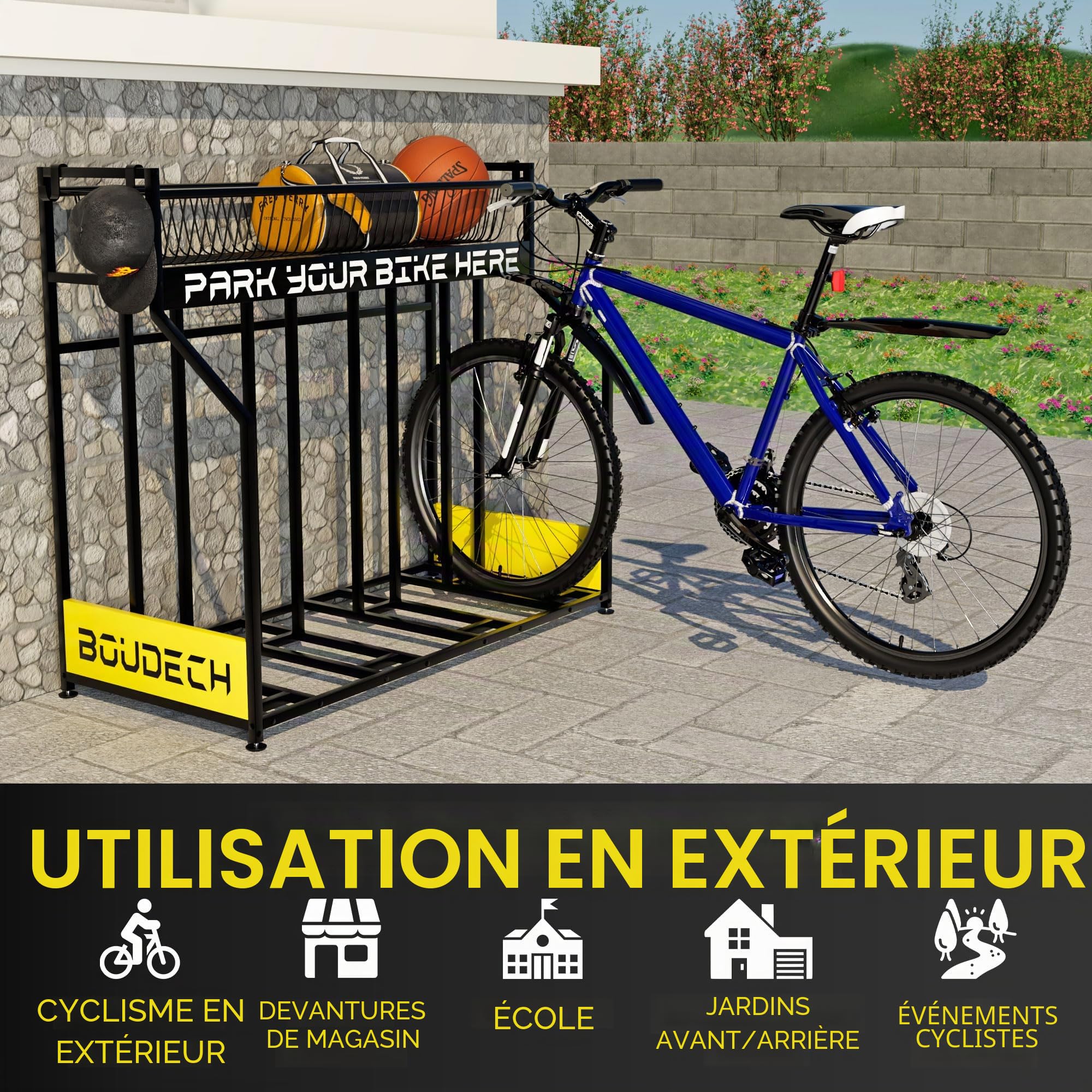 Boudech Parkade - Porte-vélos 4 places support pour vélo au sol de garage avec panier de rangement et 4 crochets en métal noir