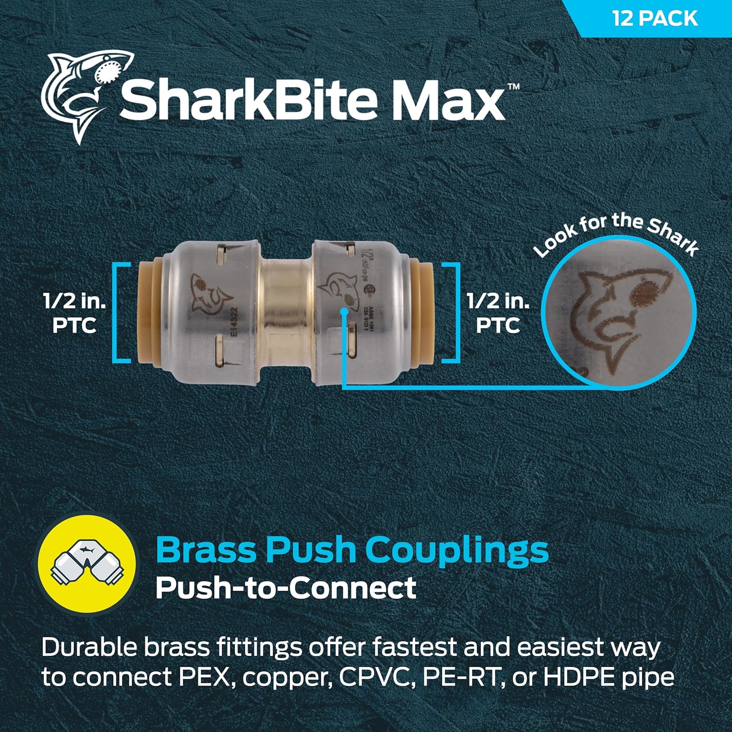 SharkBite Max 1/2 Inch Coupling, Made in the USA, Pack of 12, Push to Connect Brass Plumbing Fitting, UR008