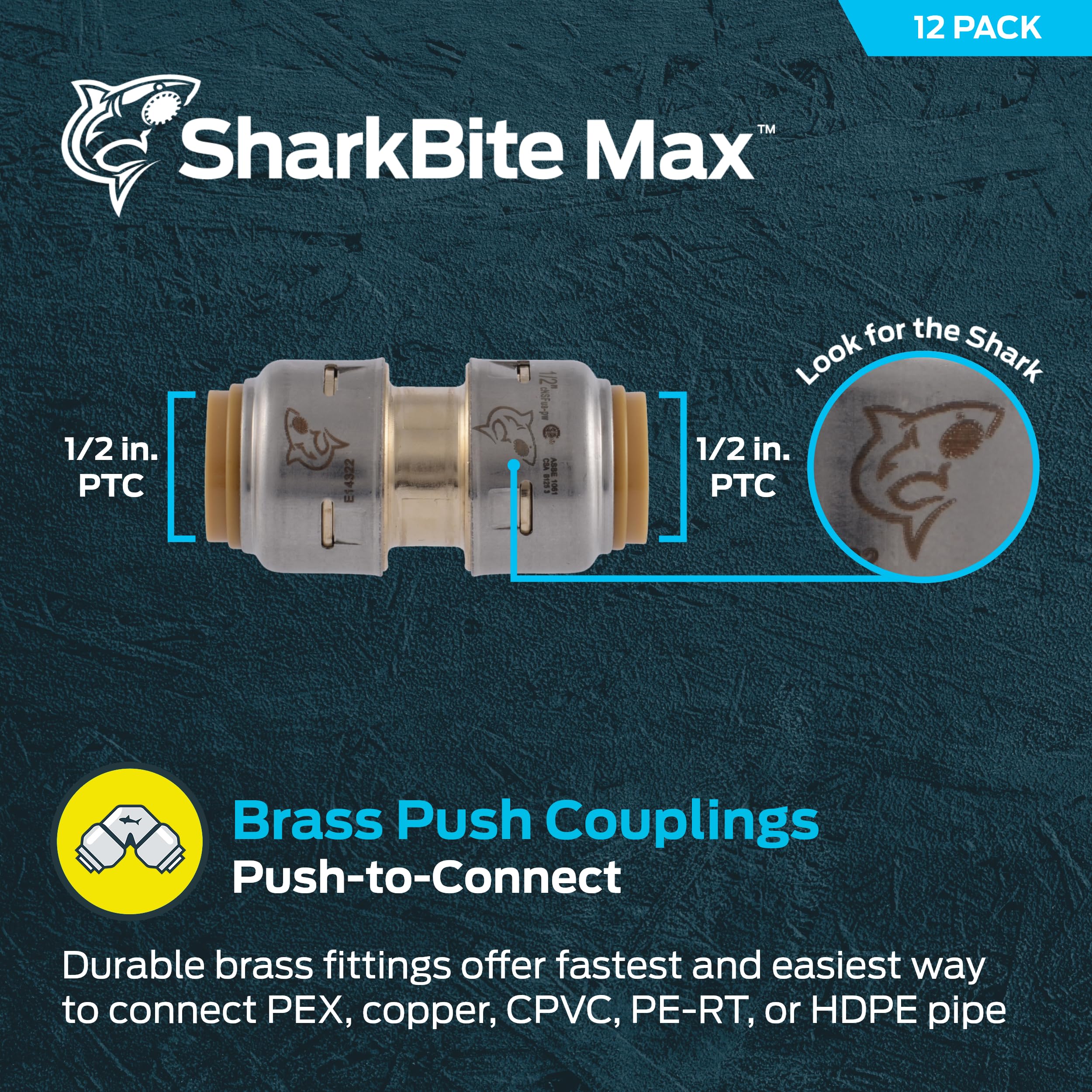 SharkBite Max łącznik do rur 1/2 cala, zestaw 12 sztuk, mosiężna armatura hydrauliczna, rura PEX, miedź, CPVC, PE-RT, HDPE, UR008