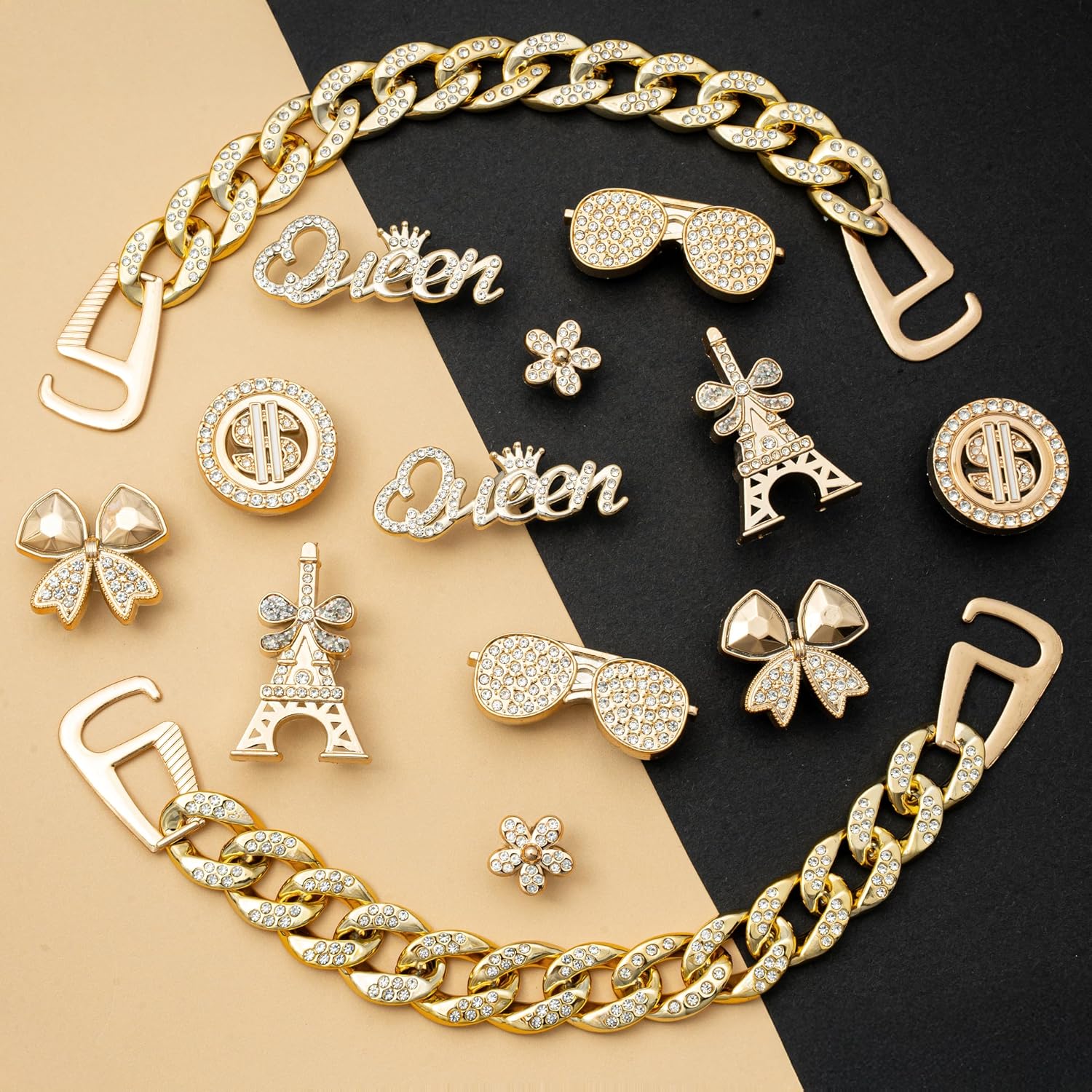 Luxury Bling Shoe Charms for Woman, Golden Chains Decoration for Shoe Sandals, Gold Desgn Charms for Shoes;Party Favors Birthday Gifts