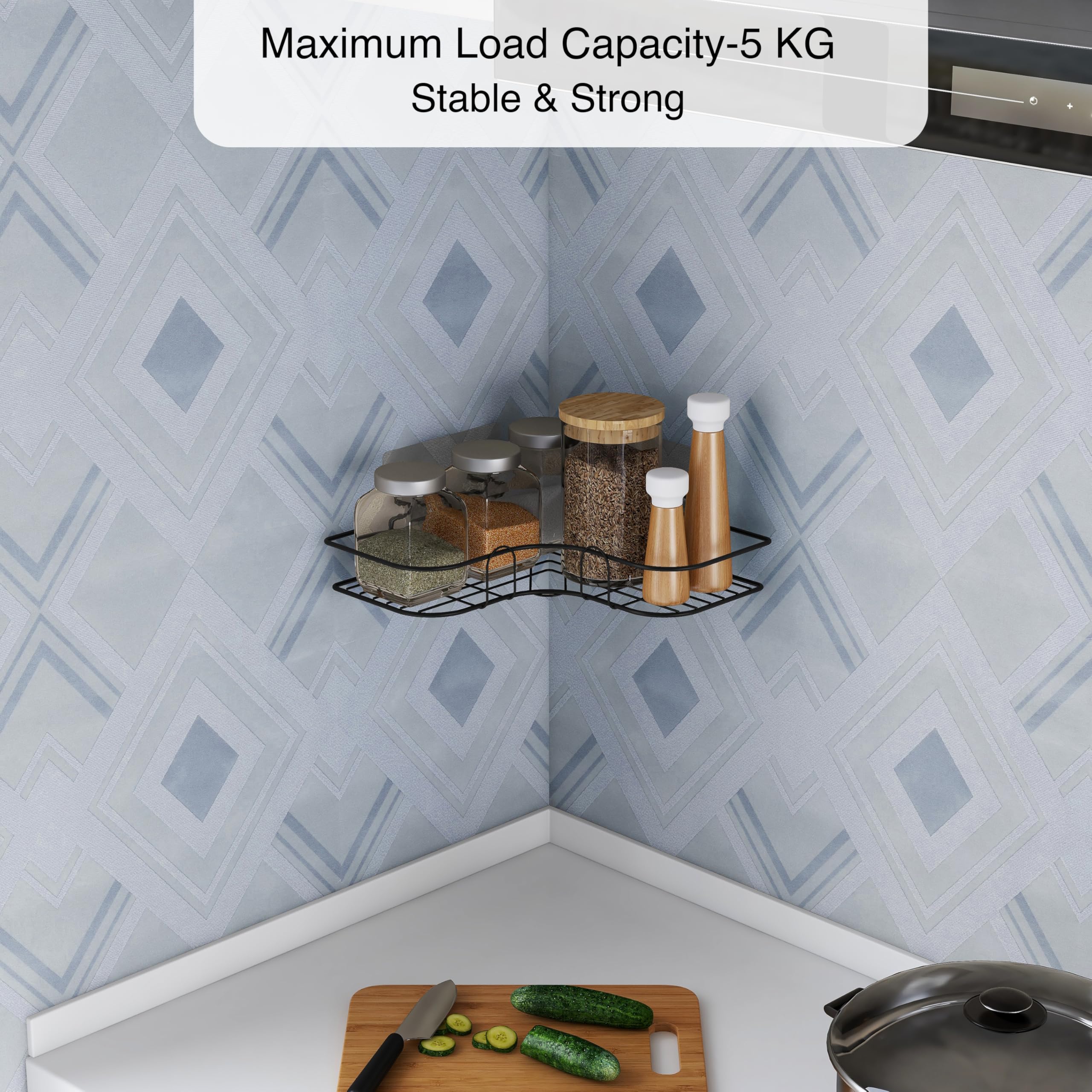 Ruboxa Self Adhesive Corner Shelf for Bathroom/GI Metal Shelf for Kitchen with Magic Sticker/Bathroom Organizer - Pack of 2 (Black) 2