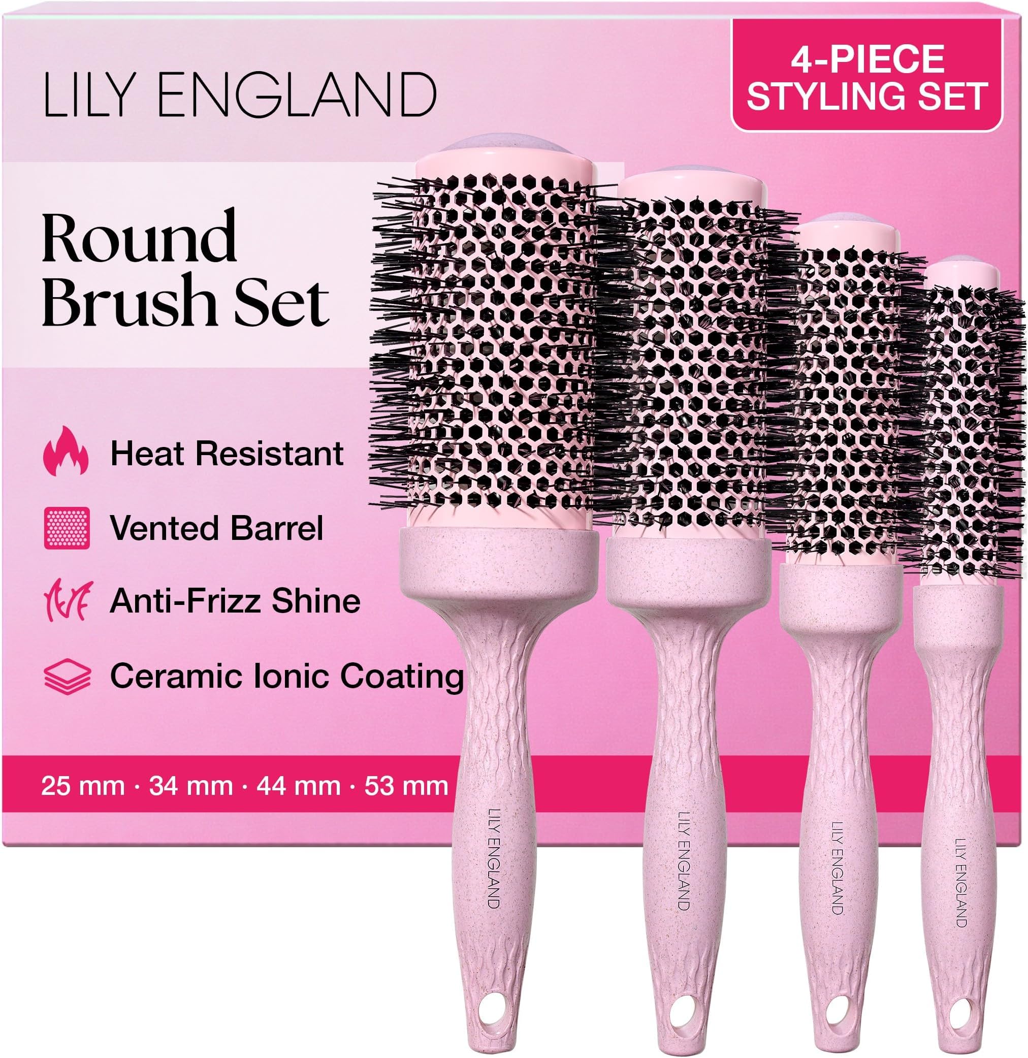 Professional Round Brush Set for Styling - 4 Ceramic Ionic Round Brushes for Blow Drying Hair - Pink