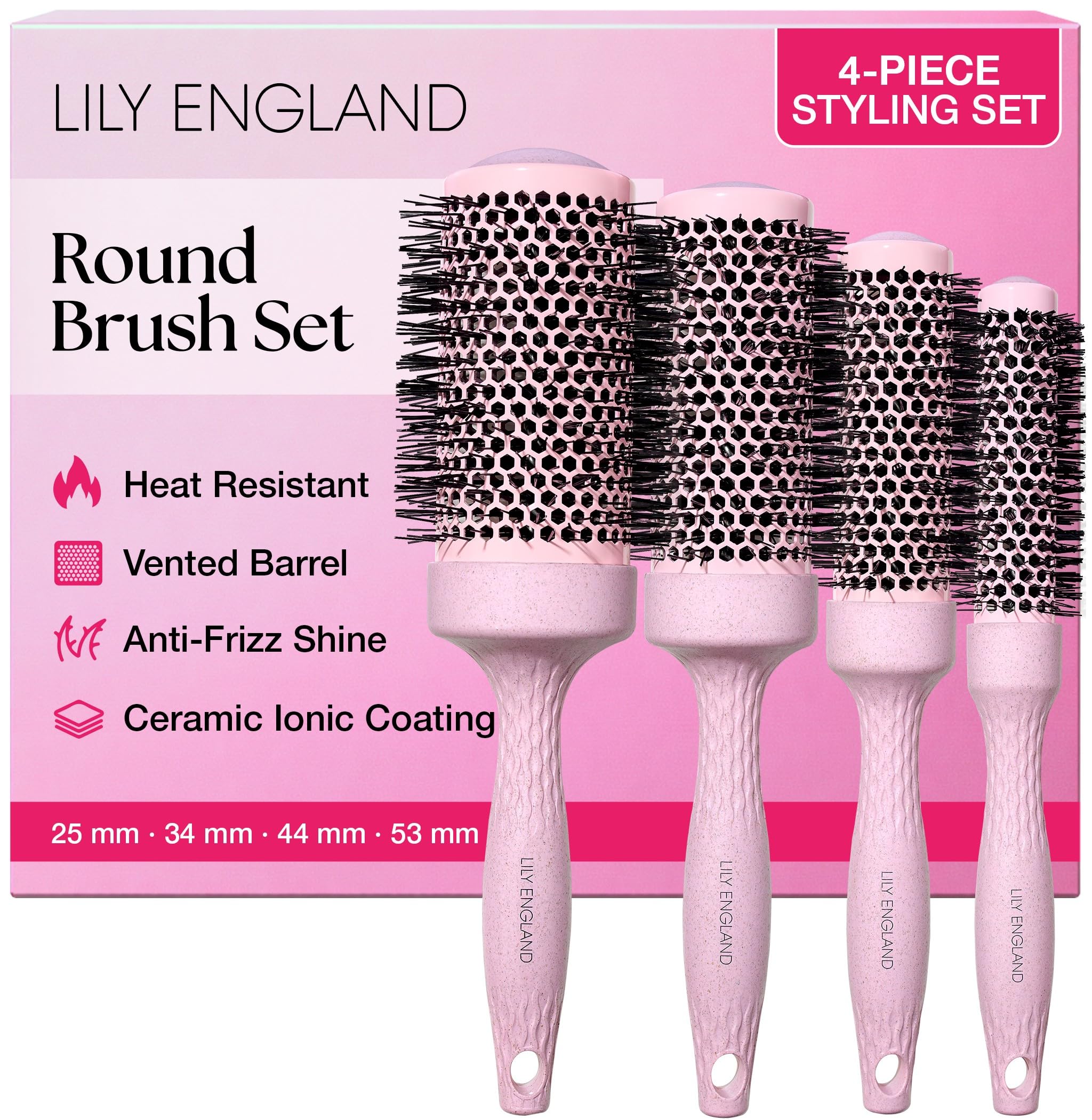Lily England Set de 4 Cepillos Redondos Profesionales para Secador Rosa