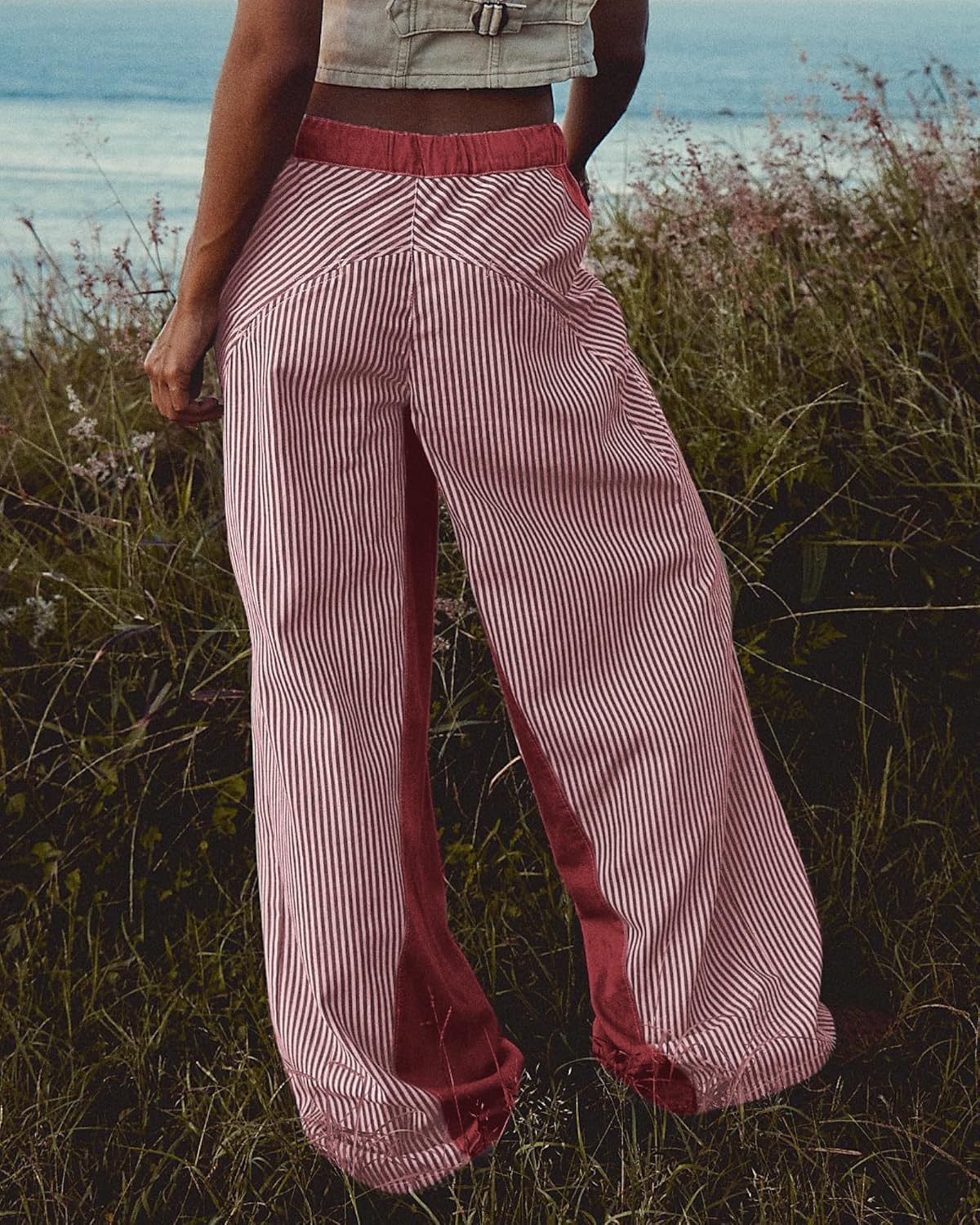 Low Rised Stripe Pajama Pants for Women Lounge Christmas Wide Leg Jeans Trendy Red and White - Image 4