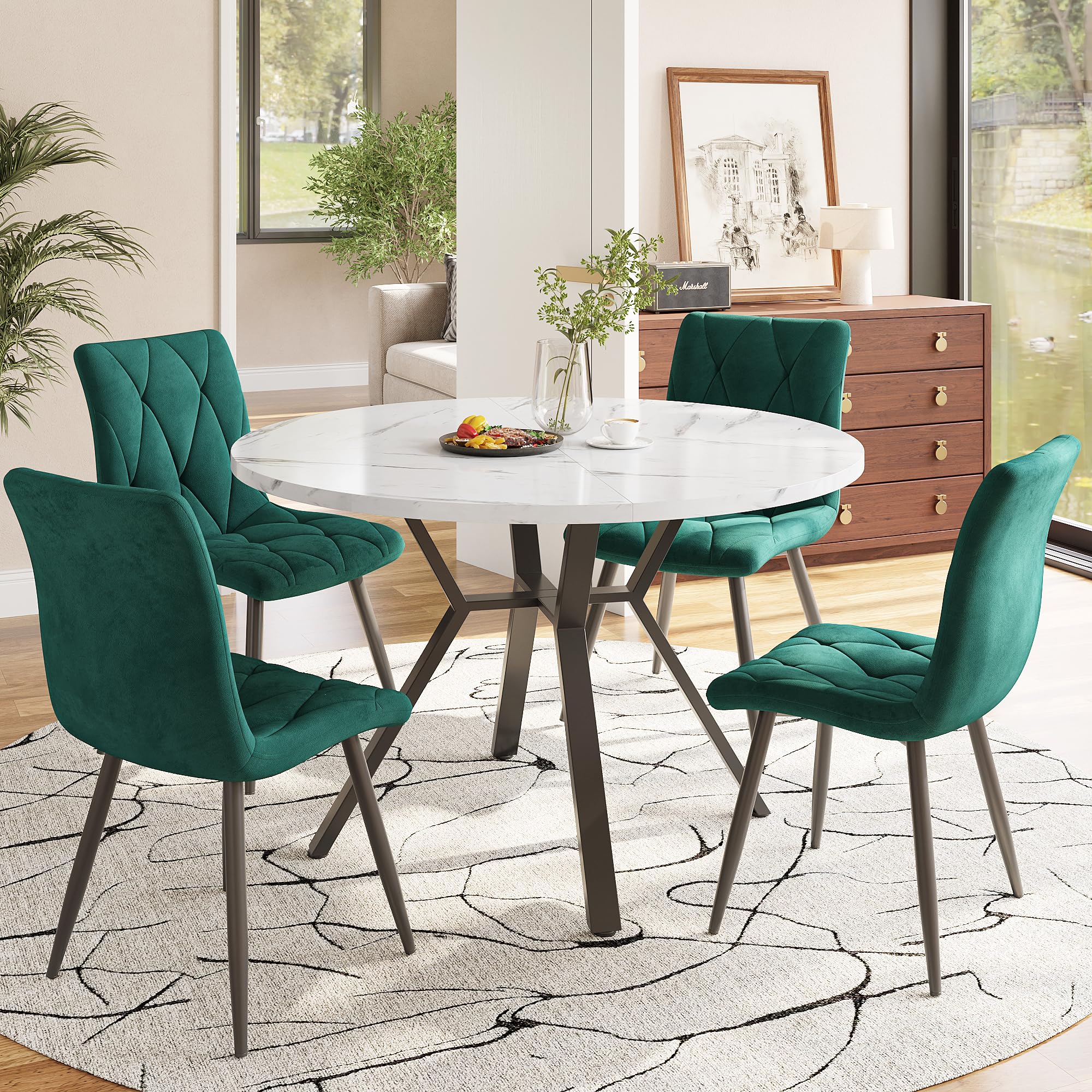 Tavolo da pranzo rotondo 100 × 100 × 76 cm, tavolo da cucina per 4 persone, tavolino da caffè, tavolo in marmo MDF, piccolo tavolo da pranzo per sala da pranzo, soggiorno (stile A, bianco+