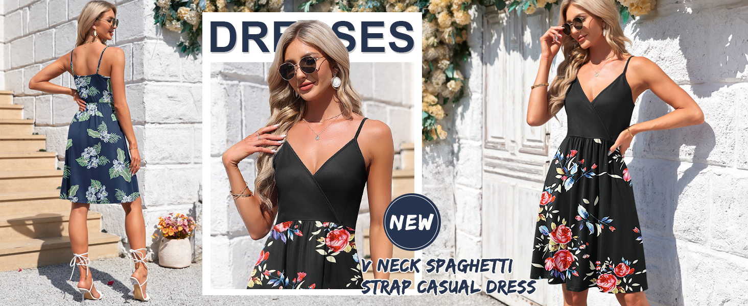 Robe D'été AUSELILY Femme - Bretelles Réglables Col V - 90% Polyester 10% élasthanne - Avec Poches