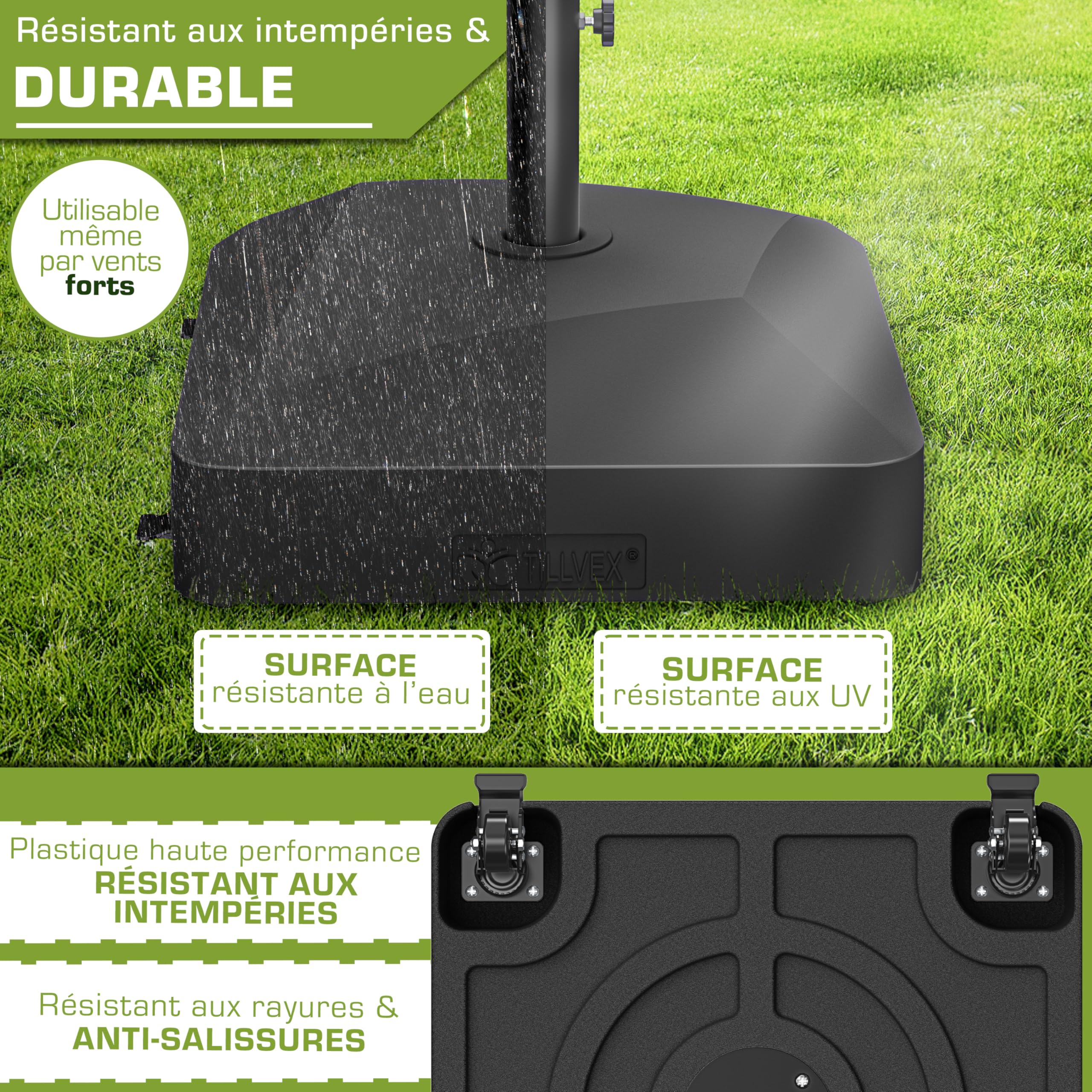 tillvex® Pied de Parasol GRAVIA à roulettes et Freins | Support de lestage Parasol à remplir 37L/56kg | Poids pour Parasol Droit et de marché Ø1,8-3,7m | Résistant aux intempéries et UV (Noir)