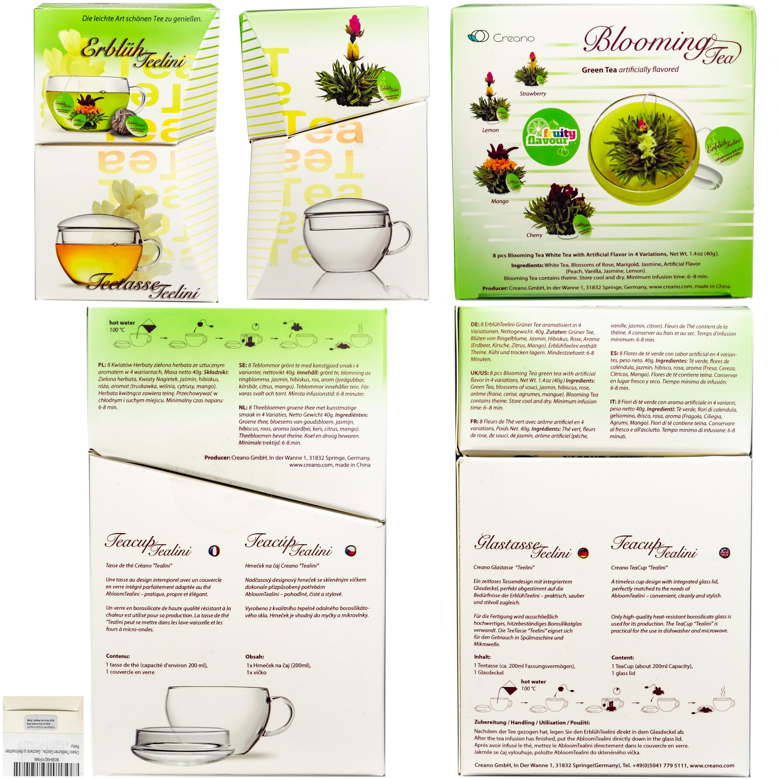 Creano Coffret Cadeau Teelini 10 pcs – 8 Fleurs de Thé Vert en Portion de Tasse avec Tasse en Verre 200ml & Couvercle – Idée Cadeau Collègue, Bureau & Détente