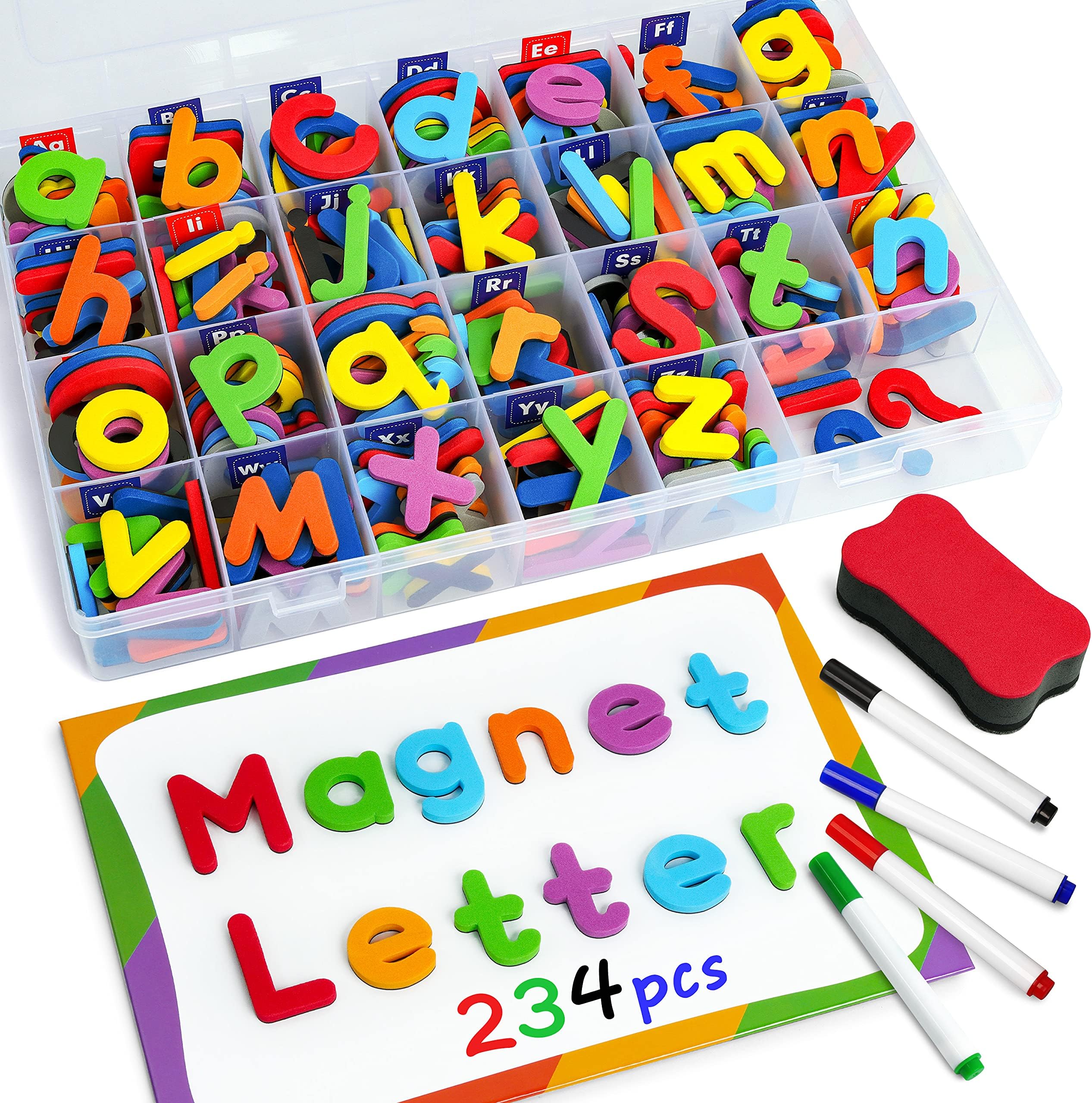 - Coogam Magnetic Letters 234 Pcs, Uppercase Lowercase Foam Alphabet ABC Fridge Magnets, Educational Toy Set for Classroom Kids Learning Spelling with Magnetic Board and Storage Box