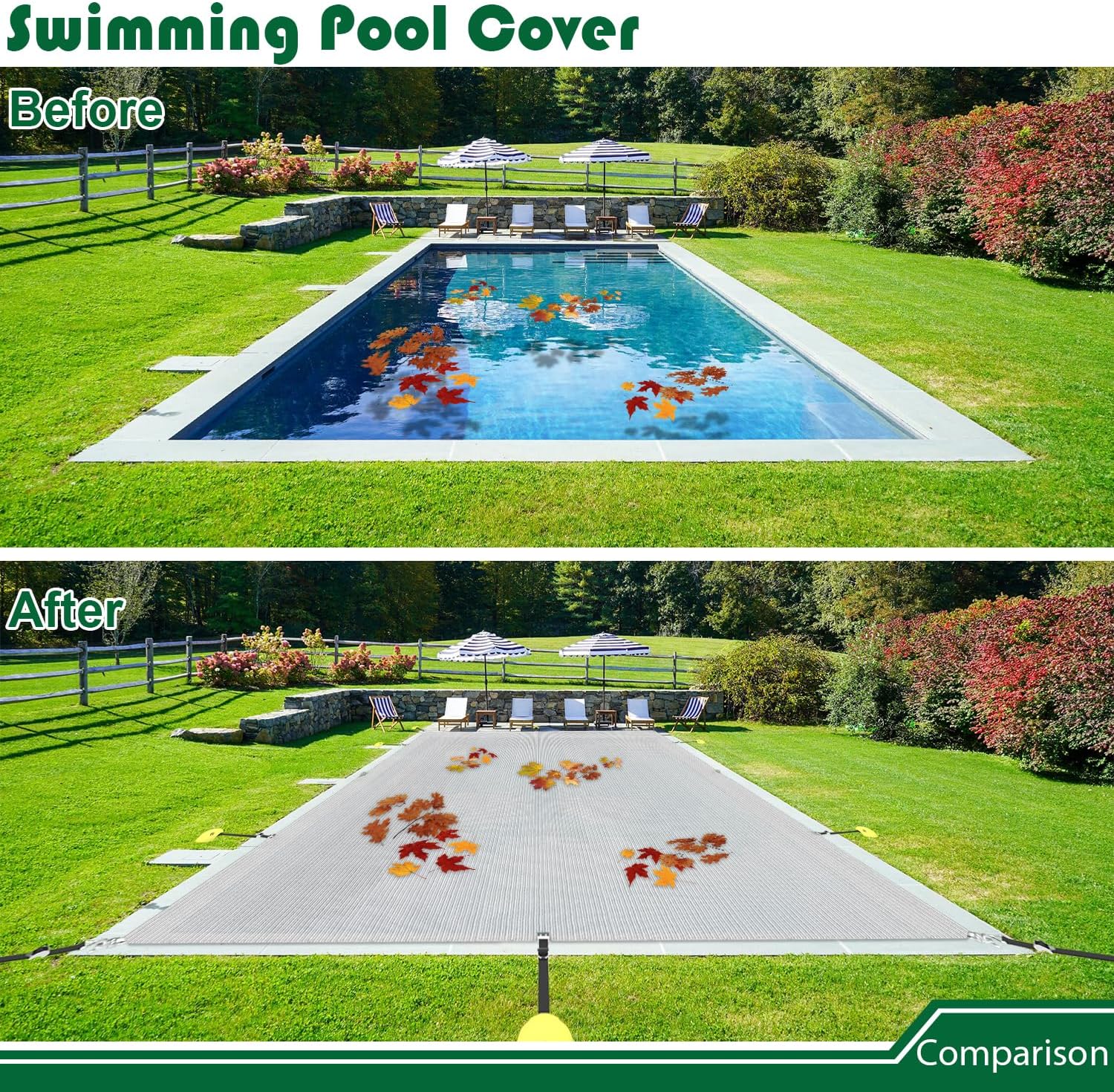 14'x24' Pool Covers for Inground Pools, Rectangle Pool Safety Covers, Summer & Winter Cover for Swimming Pools, Leaf Net Covers Cloth for Outdoor Furniture, Light Gray
