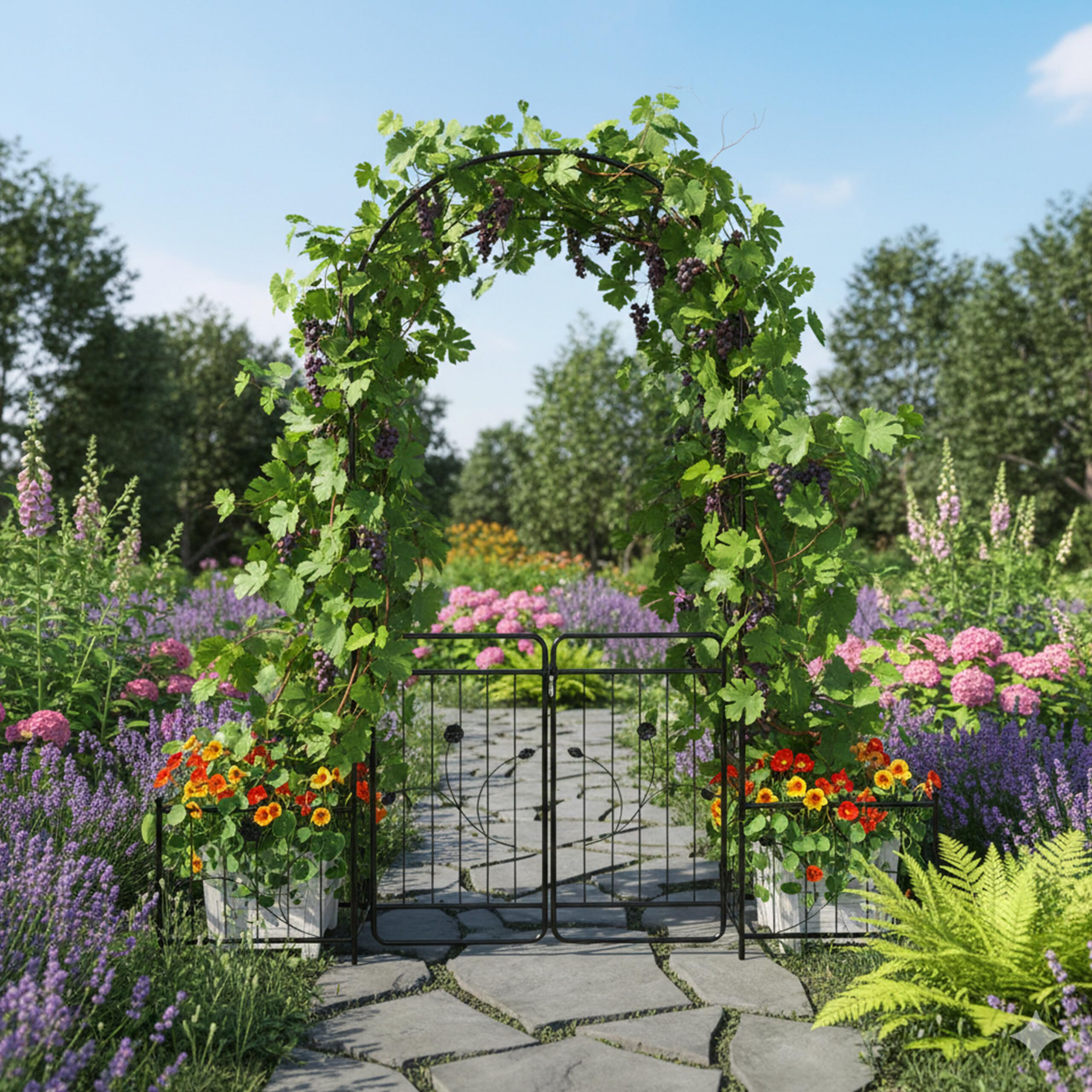 Relaxdays Rosenbogen Metall, Rundbogen mit Tor & 2 Pflanzkästen, HBT: 220x202x50 cm, Rankbogen Garten, Rosentor, schwarz